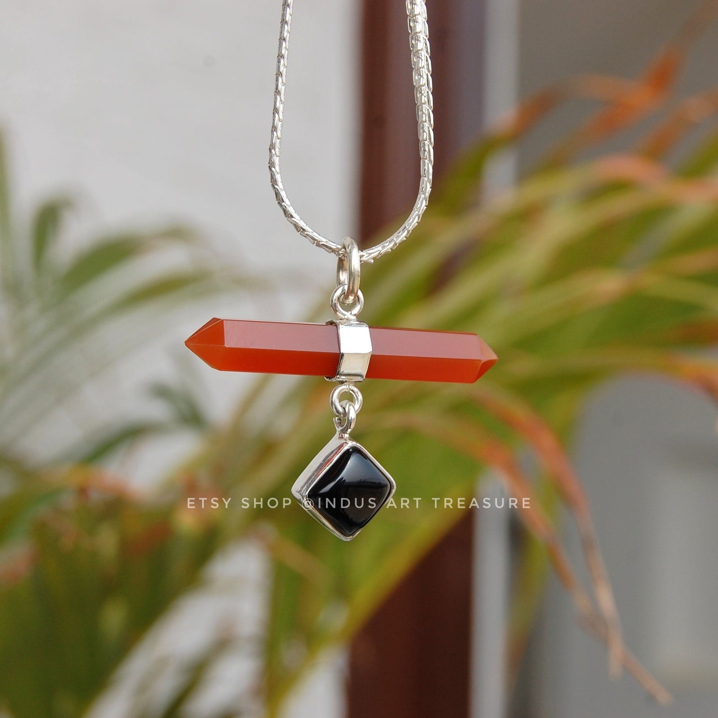 Black Onyx -Carnelian Pendant