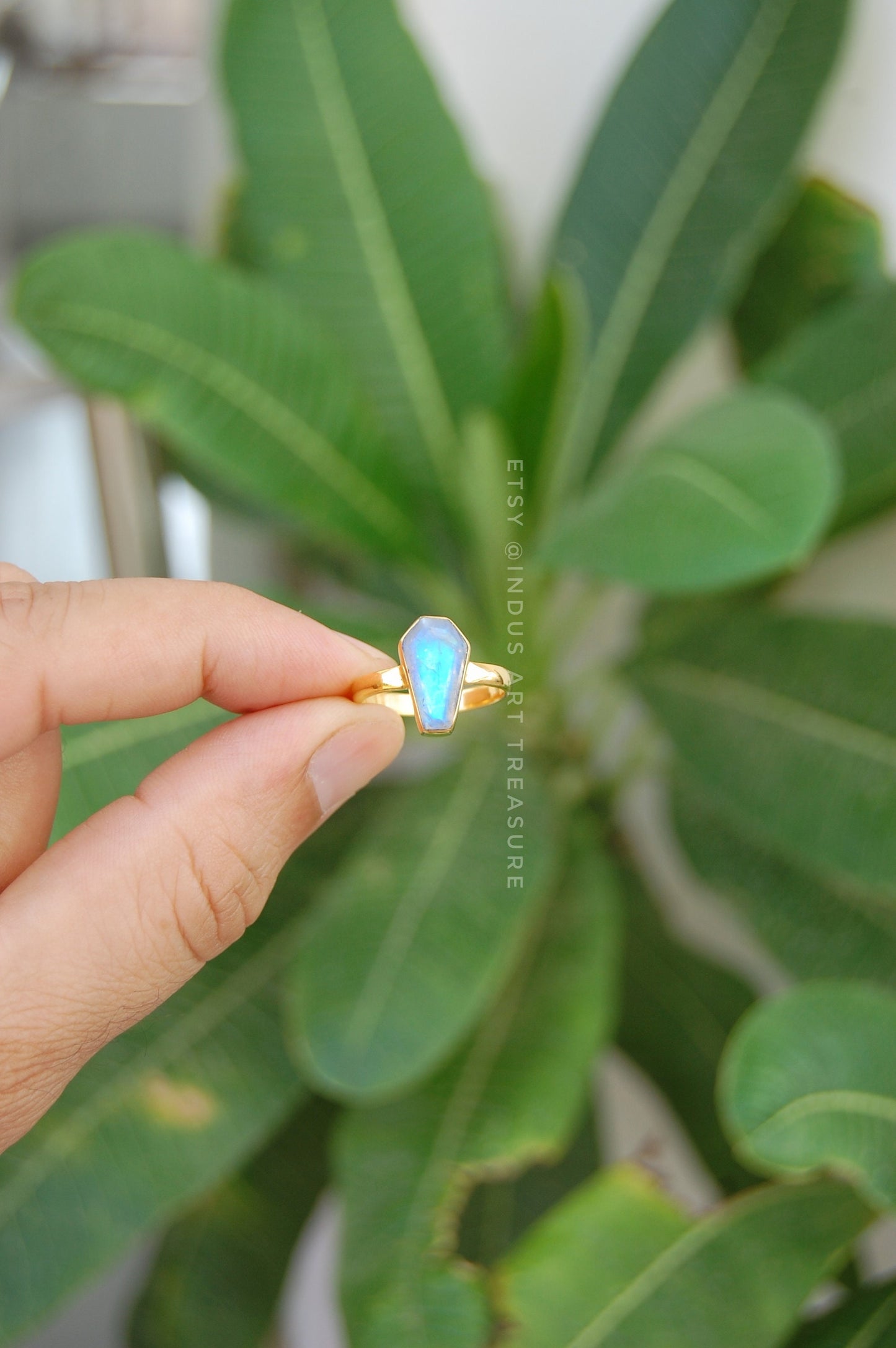Rainbow Moonstone Coffin Shape Ring