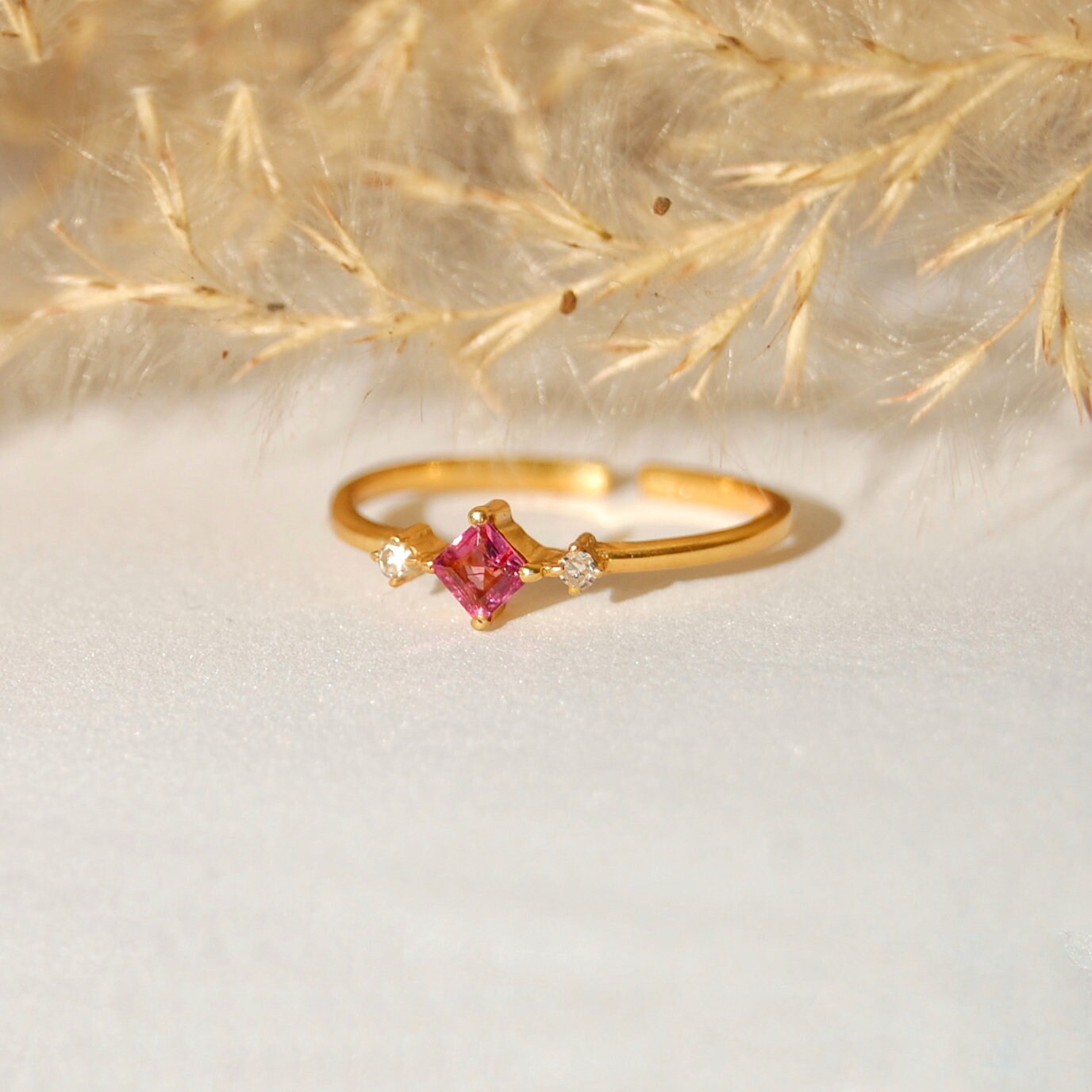 Diamond- Pink Tourmaline Gold Plated Ring