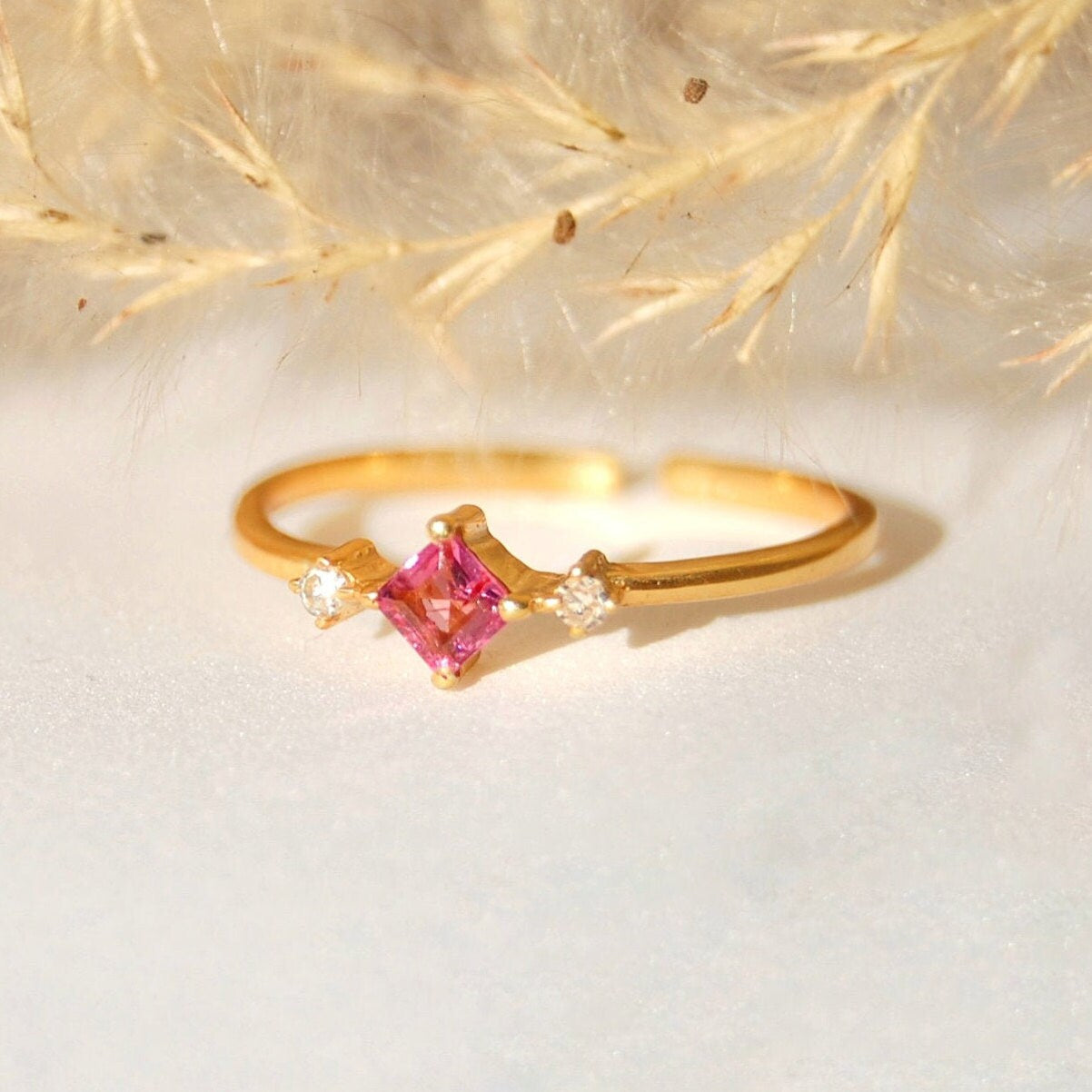 Diamond- Pink Tourmaline Gold Plated Ring