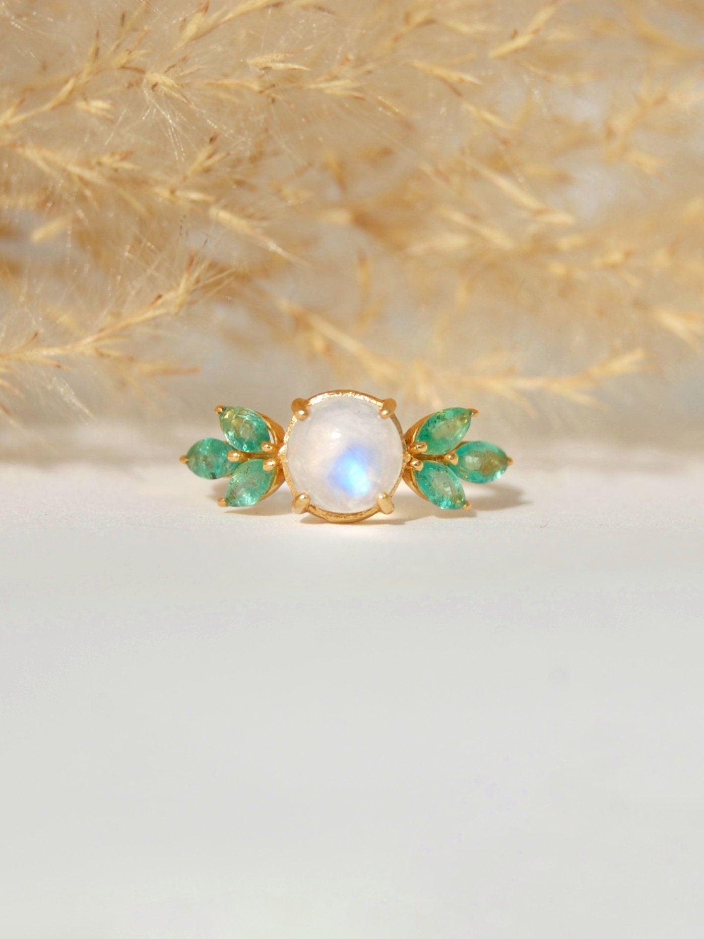 Emerald -Moonstone 18k Gold Plated Ring