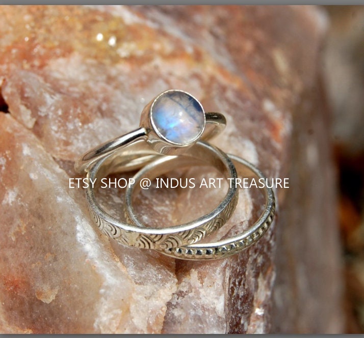 Rainbow Moonstone Stacking Ring Set