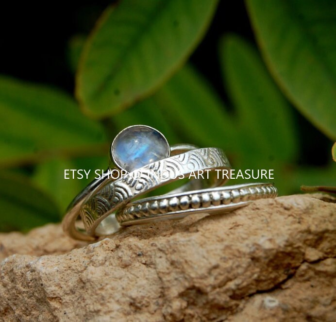 Rainbow Moonstone Stacking Ring Set