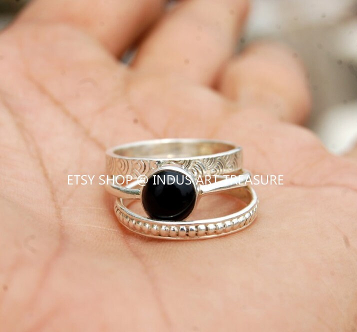 Black Onyx Stacking Silver Ring Set