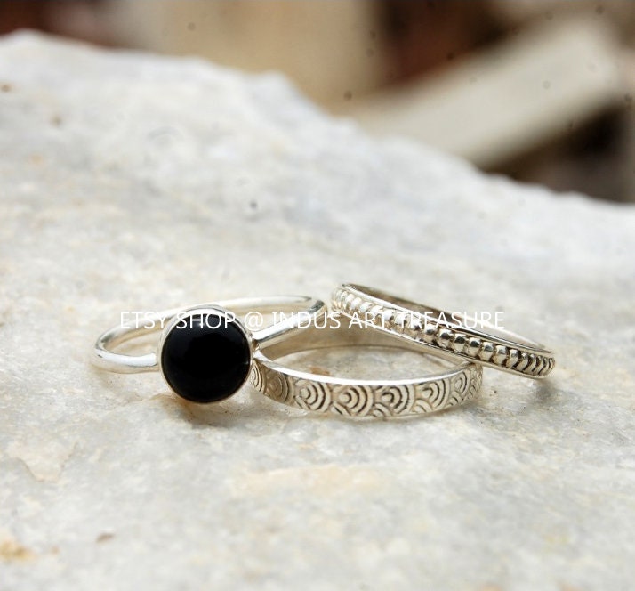 Black Onyx Stacking Silver Ring Set