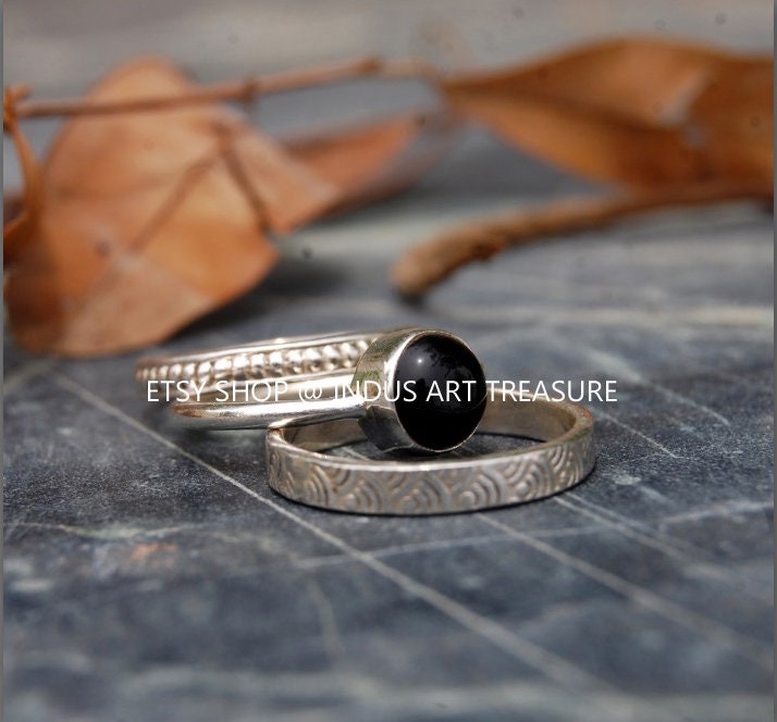 Black Onyx Stacking Silver Ring Set