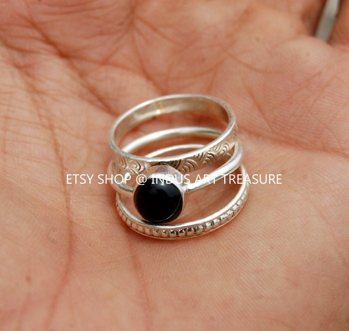 Black Onyx Stacking Silver Ring Set