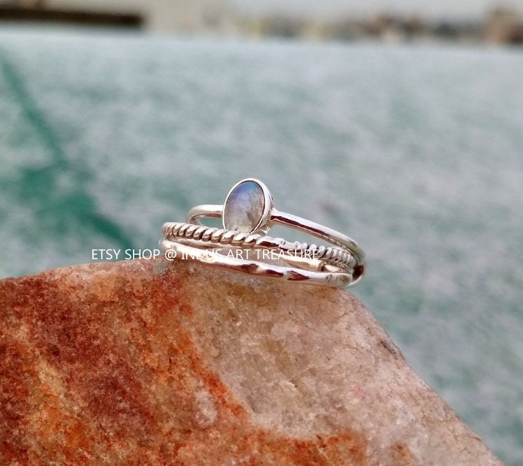 Rainbow Moonstone Stacking Ring Set