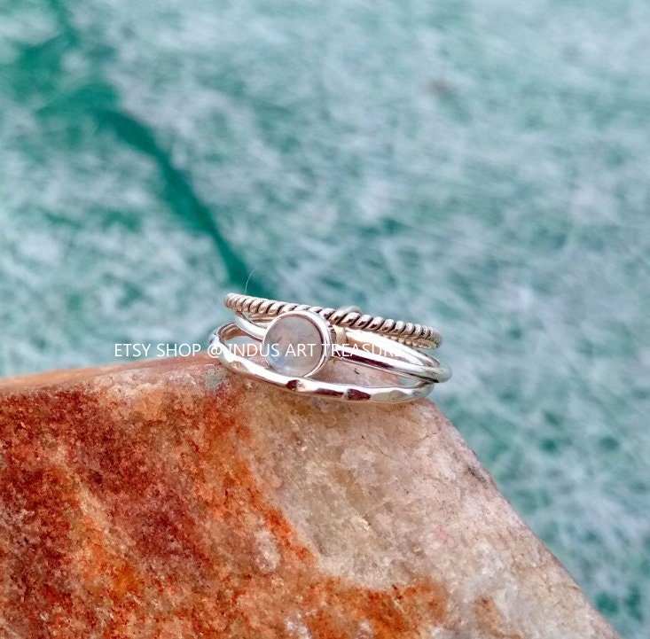 Rainbow Moonstone Stacking Ring Set