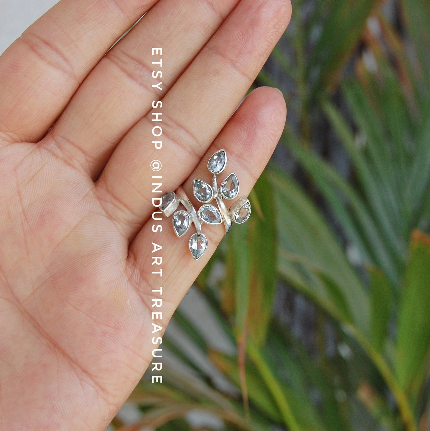 Blue Topaz Leaf Branch Ring