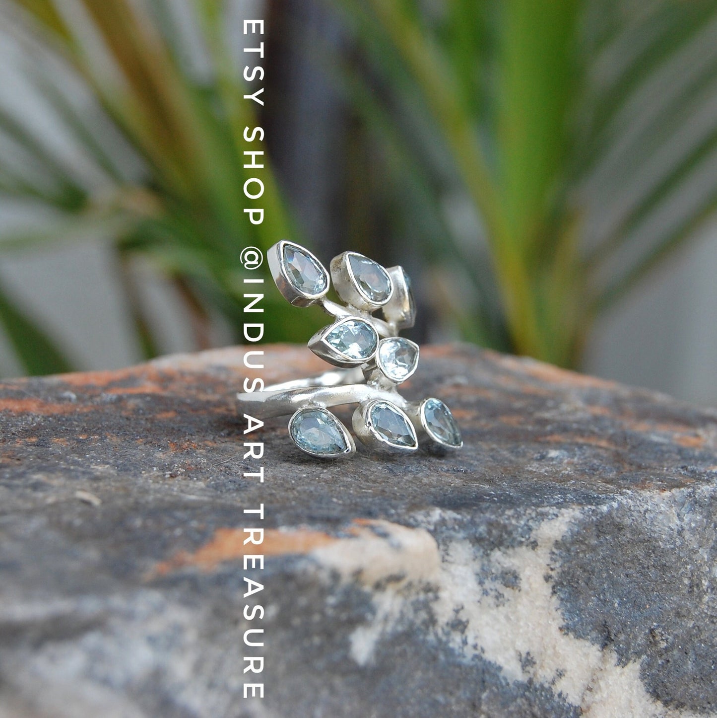 Blue Topaz Leaf Branch Ring