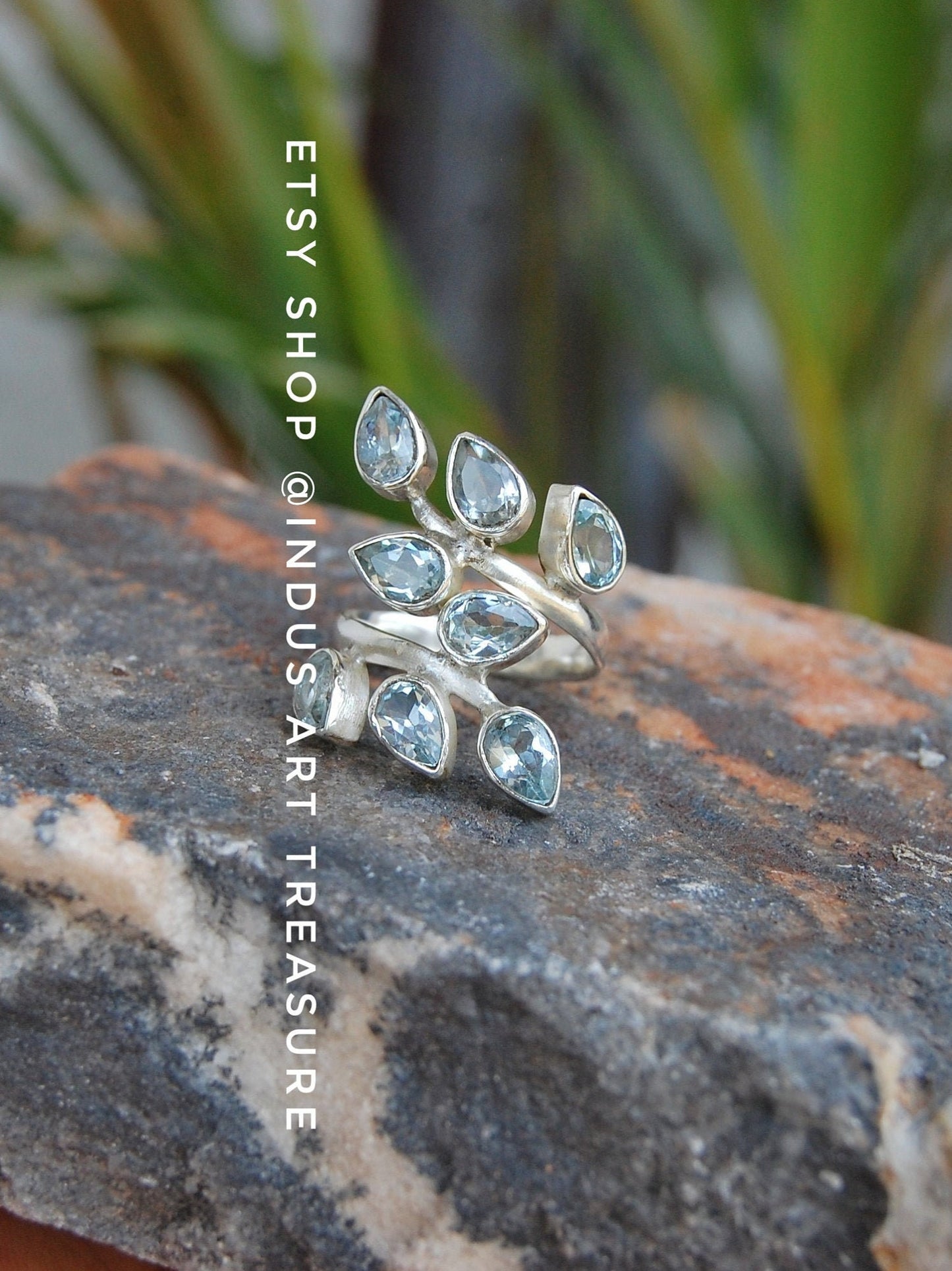 Blue Topaz Leaf Branch Ring
