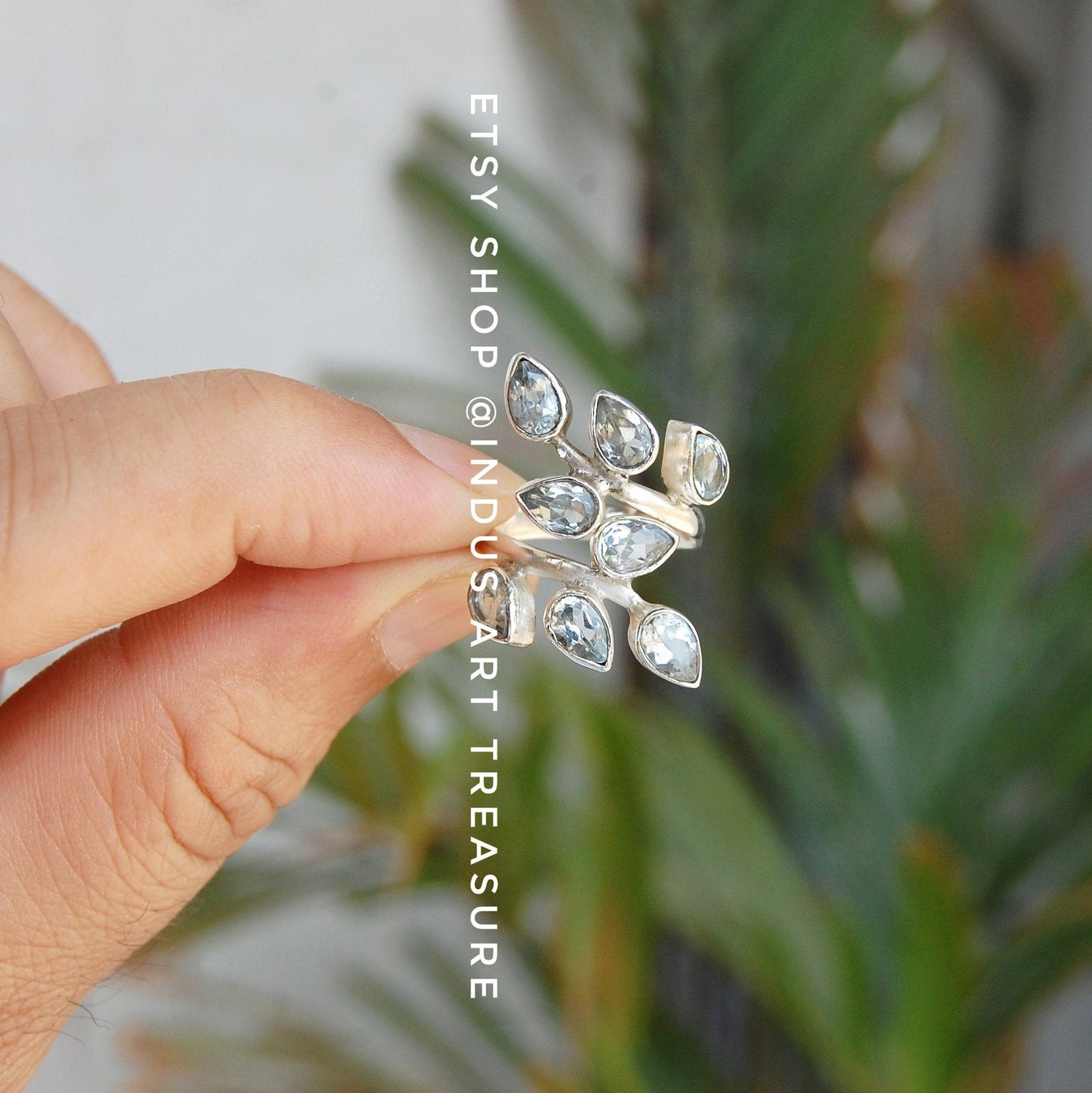Blue Topaz Leaf Branch Ring