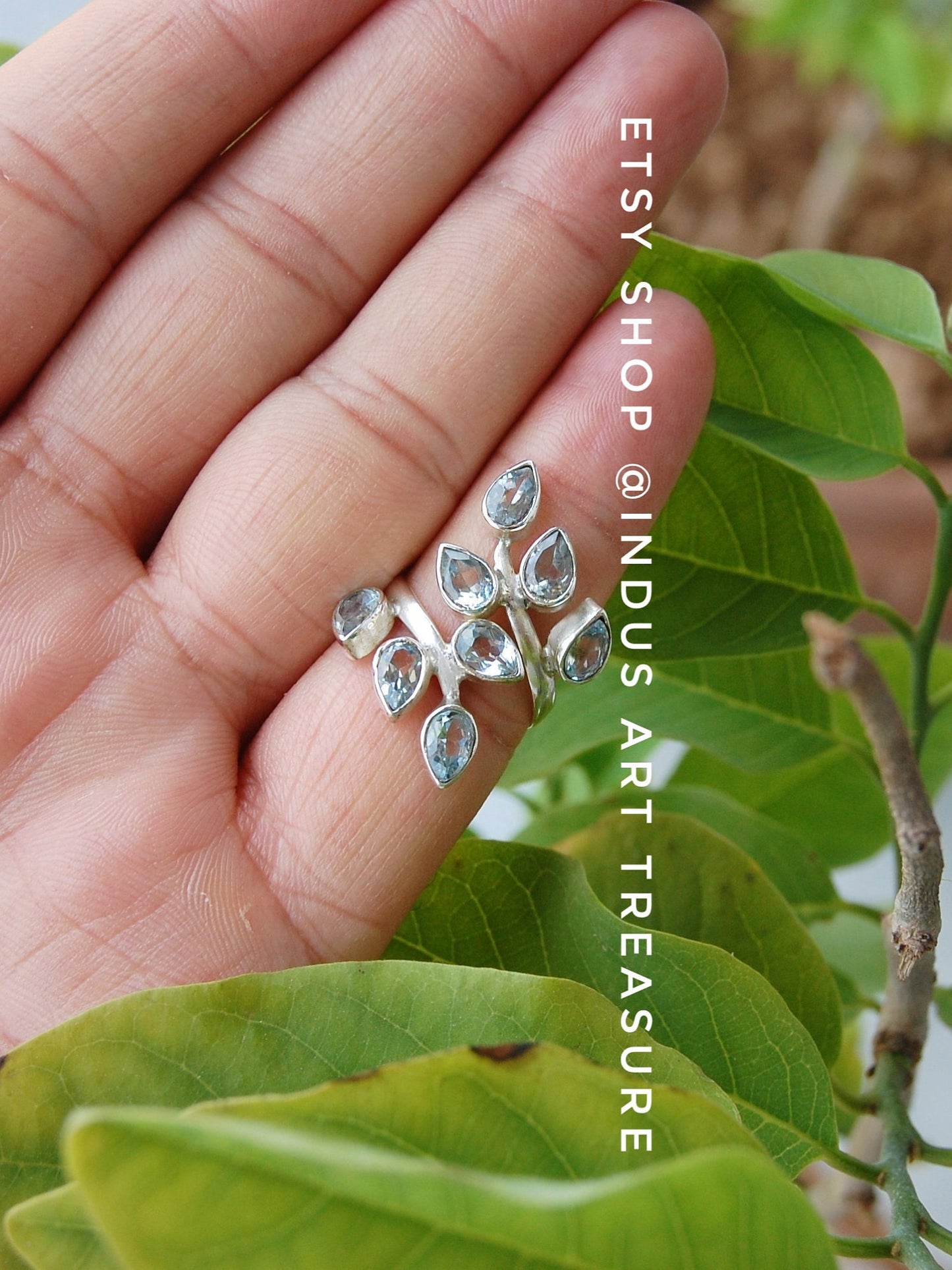 Blue Topaz Leaf Branch Ring