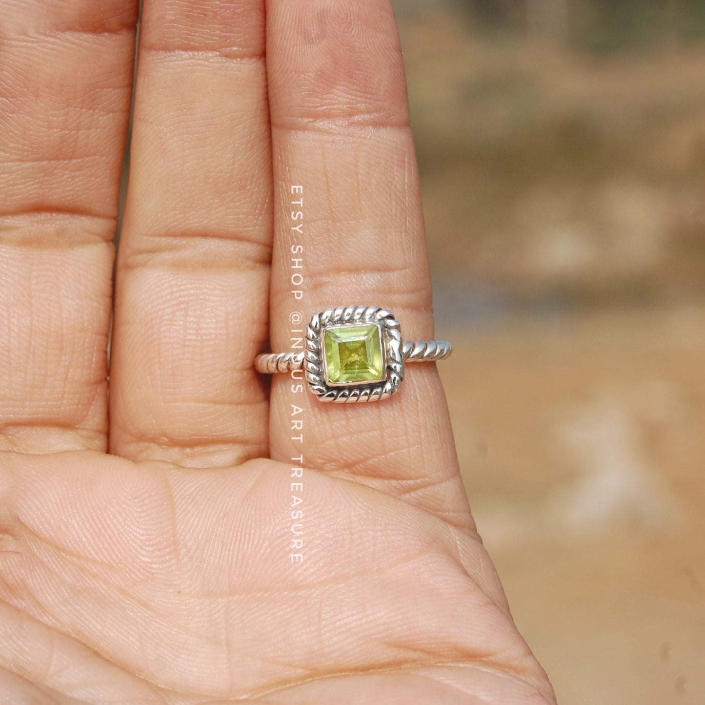 Green Peridot Twisted Band Ring