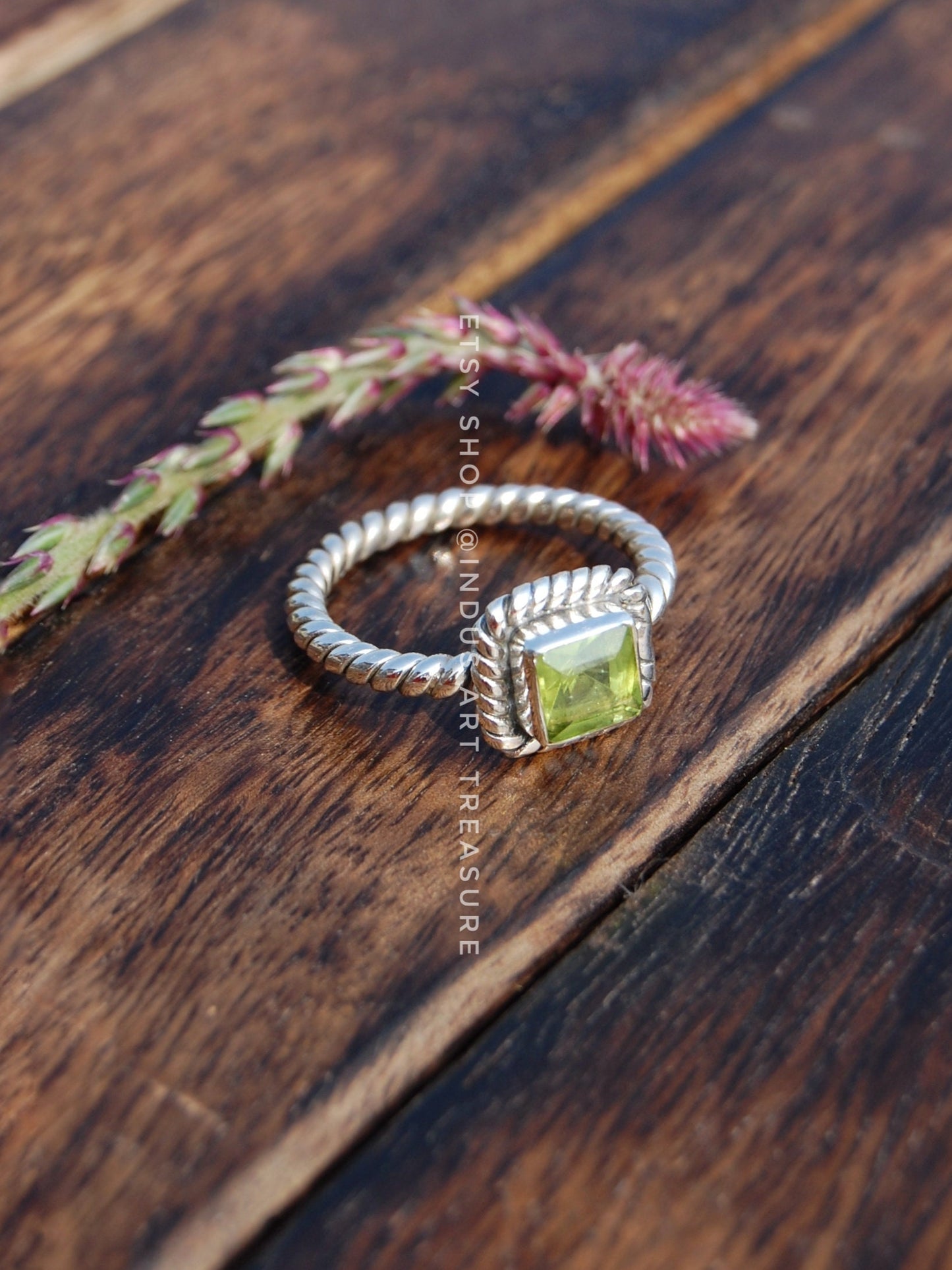 Green Peridot Twisted Band Ring