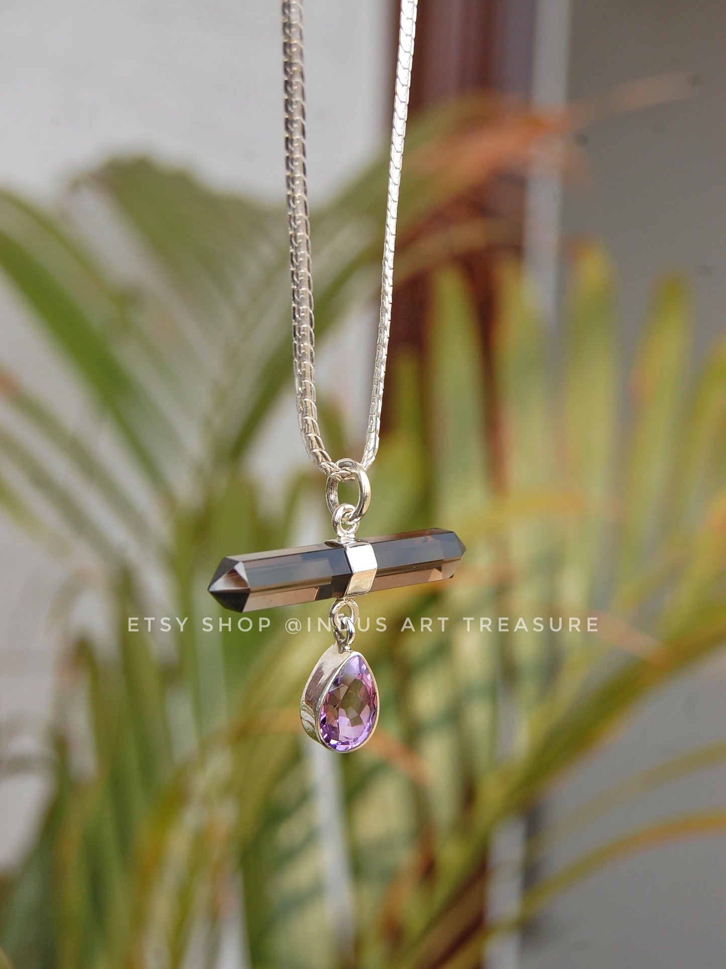 Amethyst -Smoky Quartz Pencil Pendant