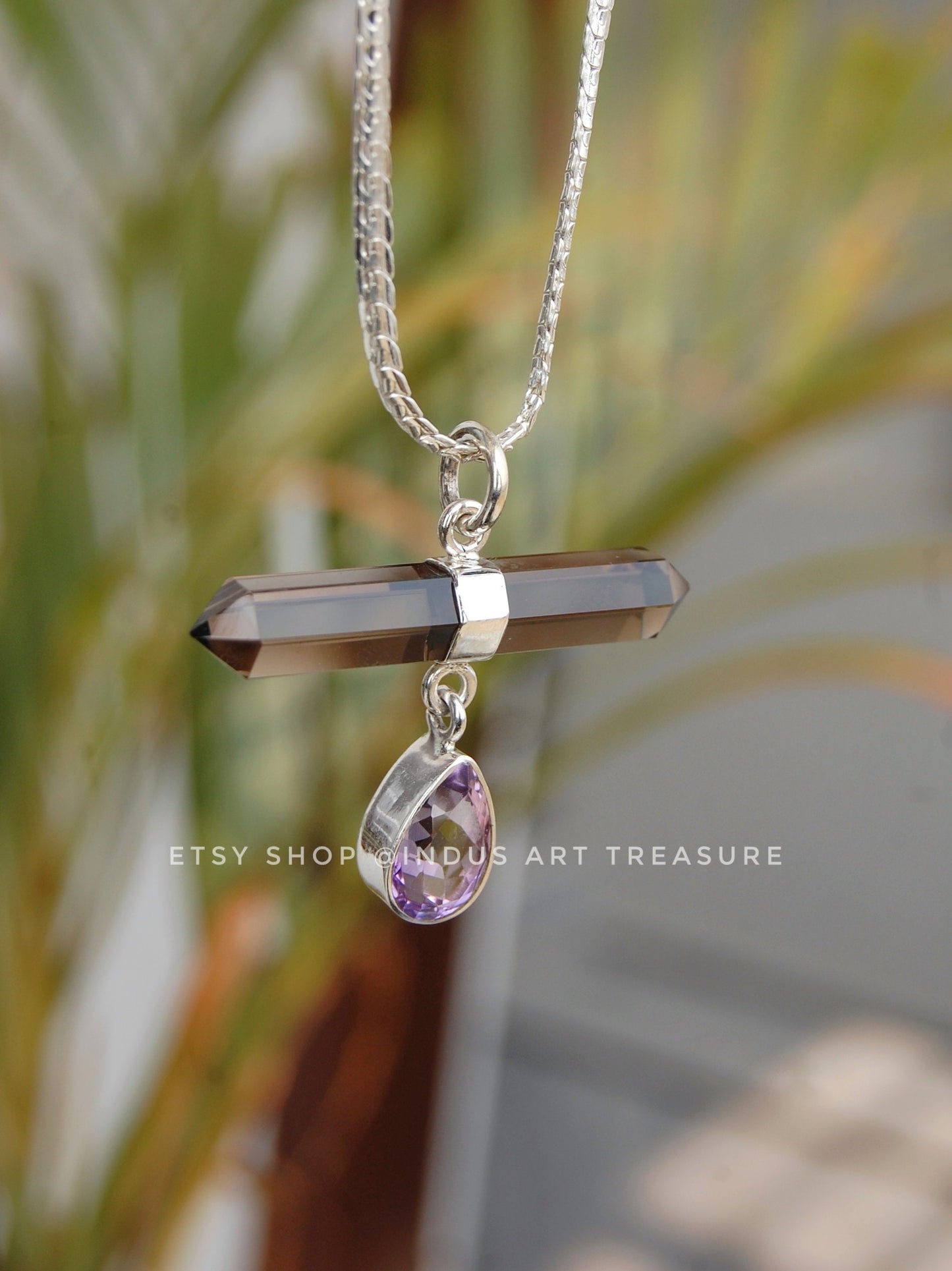 Amethyst -Smoky Quartz Pencil Pendant