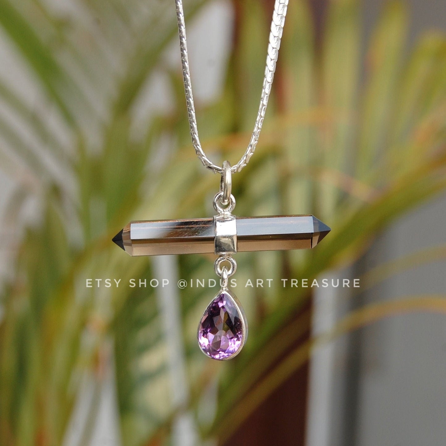 Amethyst -Smoky Quartz Pencil Pendant