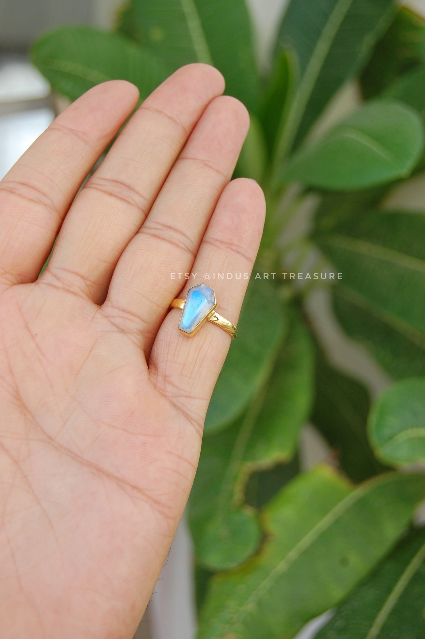 Rainbow Moonstone Coffin Shape Ring
