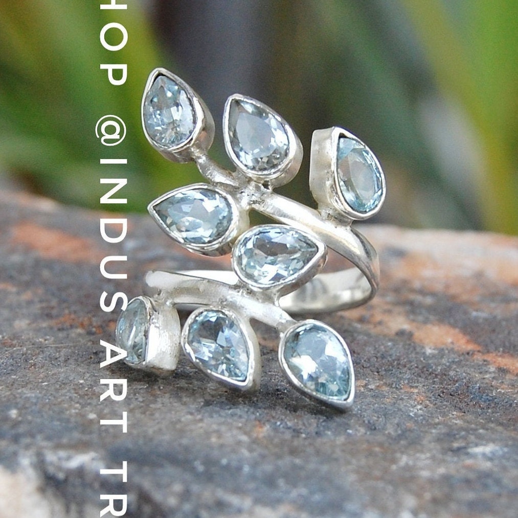 Blue Topaz Leaf Branch Ring