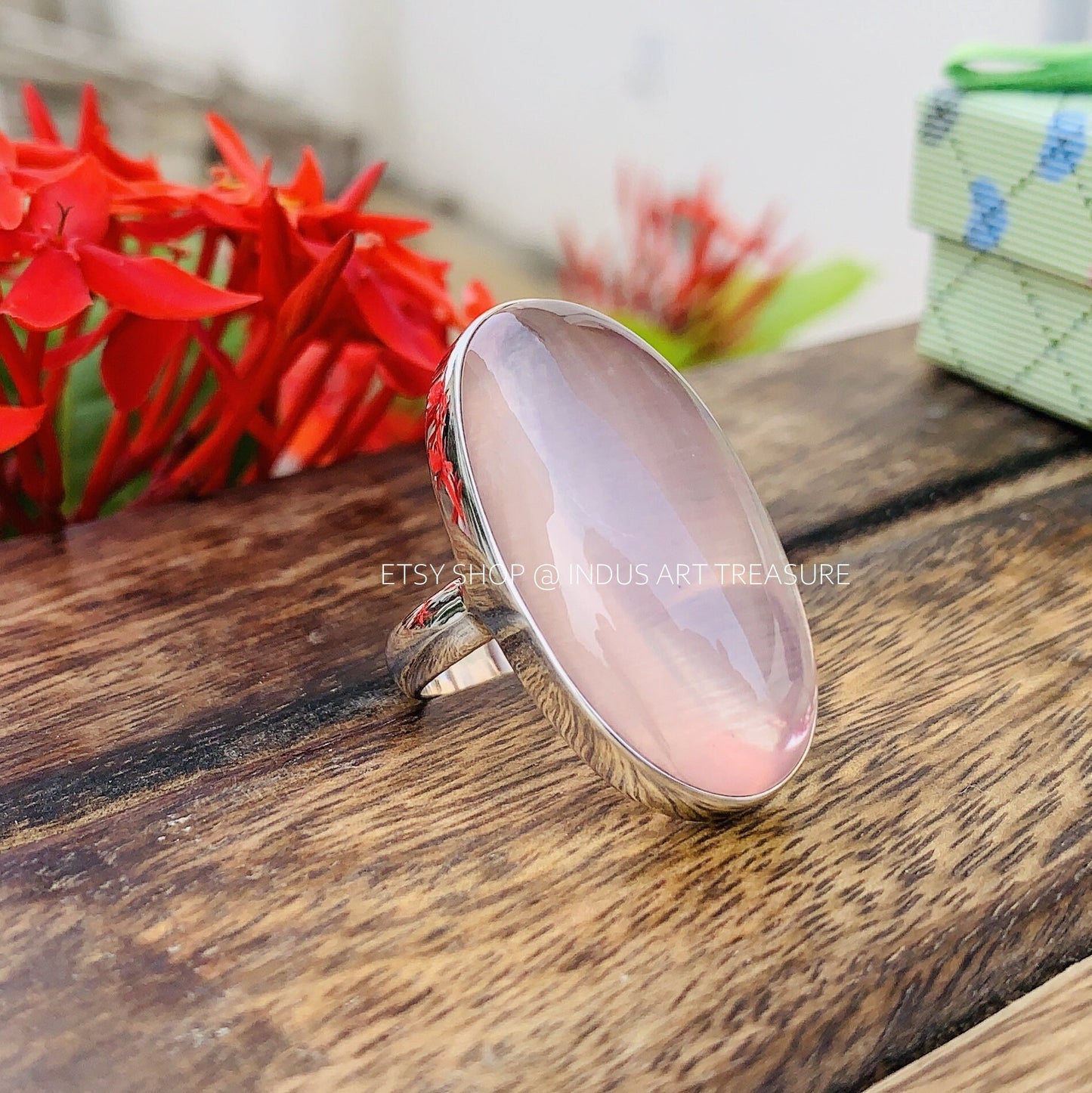 Natural Rose Quartz Ring, 925 Sterling Silver Ring,