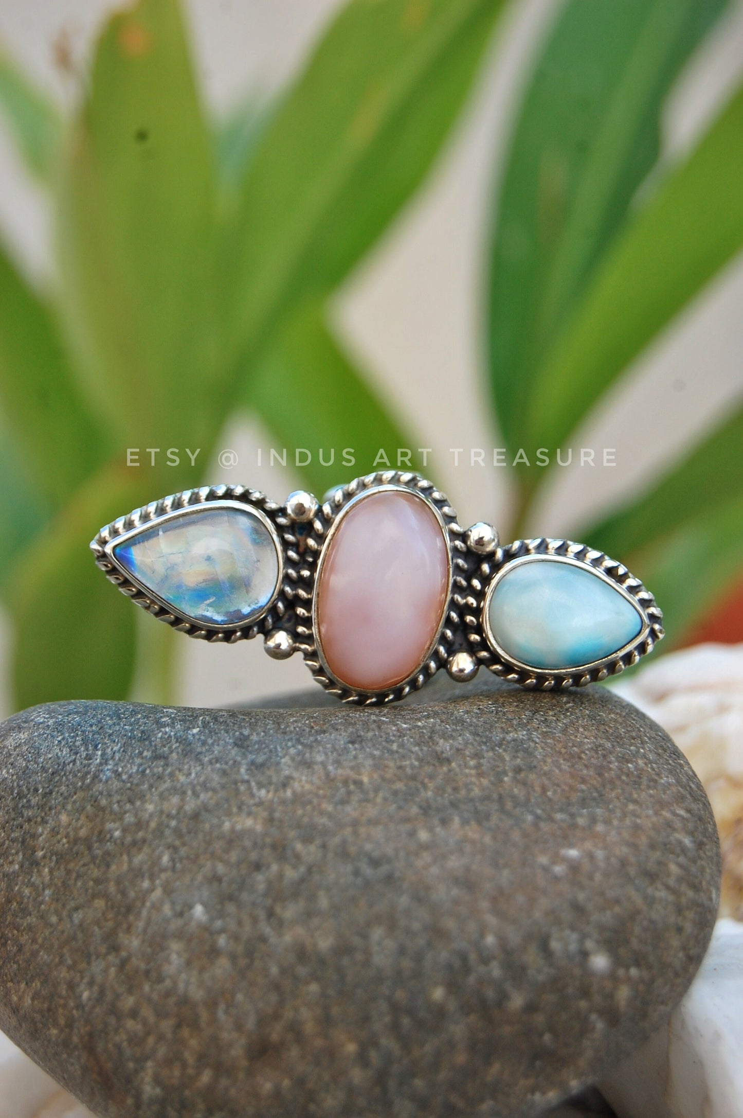 Rainbow Moonstone- Larimar Three Stone Ring