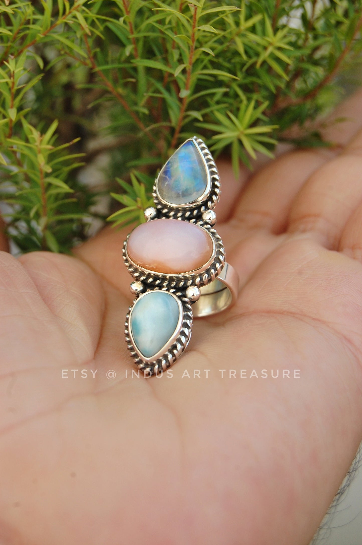 Rainbow Moonstone- Larimar Three Stone Ring