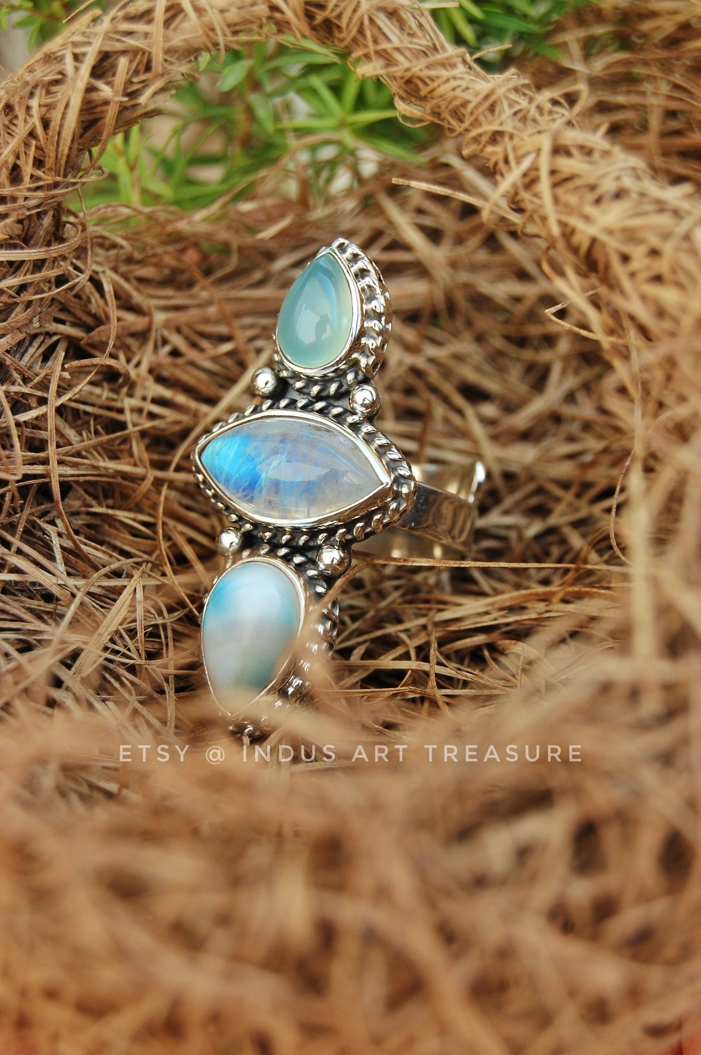 Rainbow Moonstone- Larimar Three Stone Ring