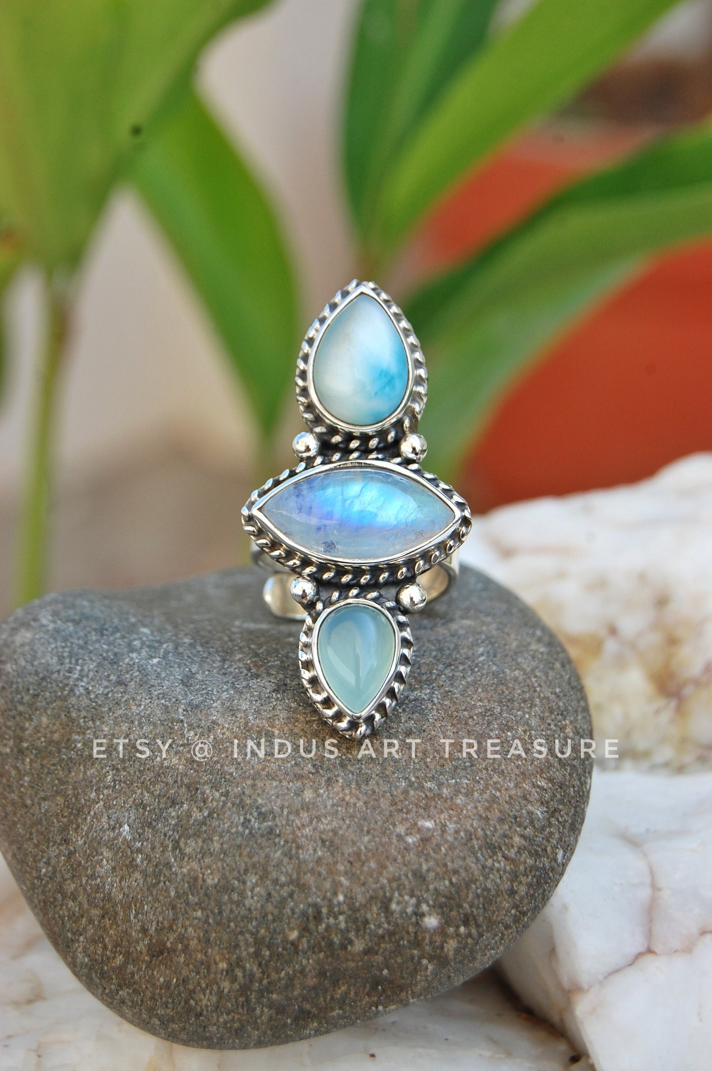 Rainbow Moonstone- Larimar Three Stone Ring