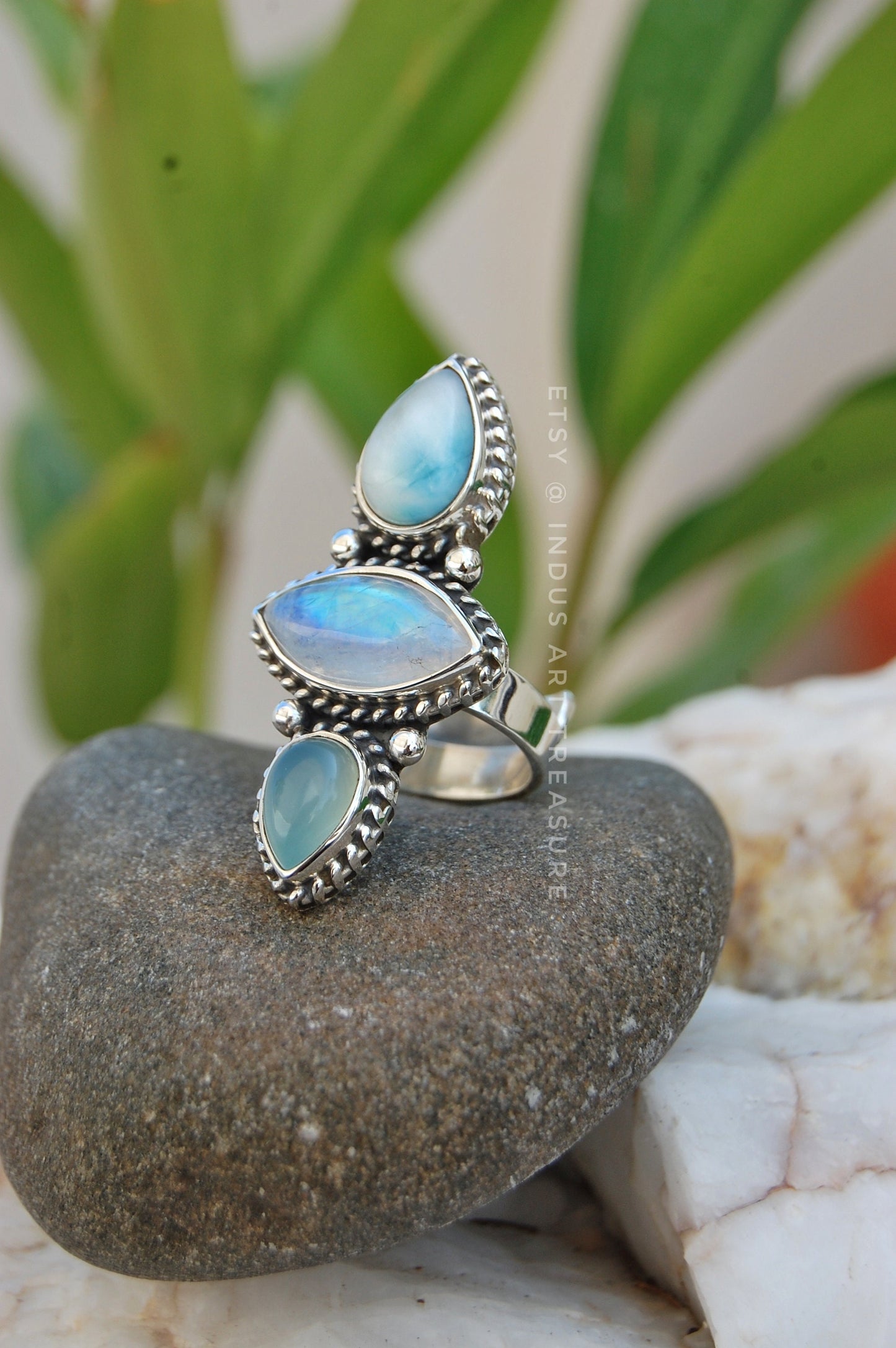 Rainbow Moonstone- Larimar Three Stone Ring