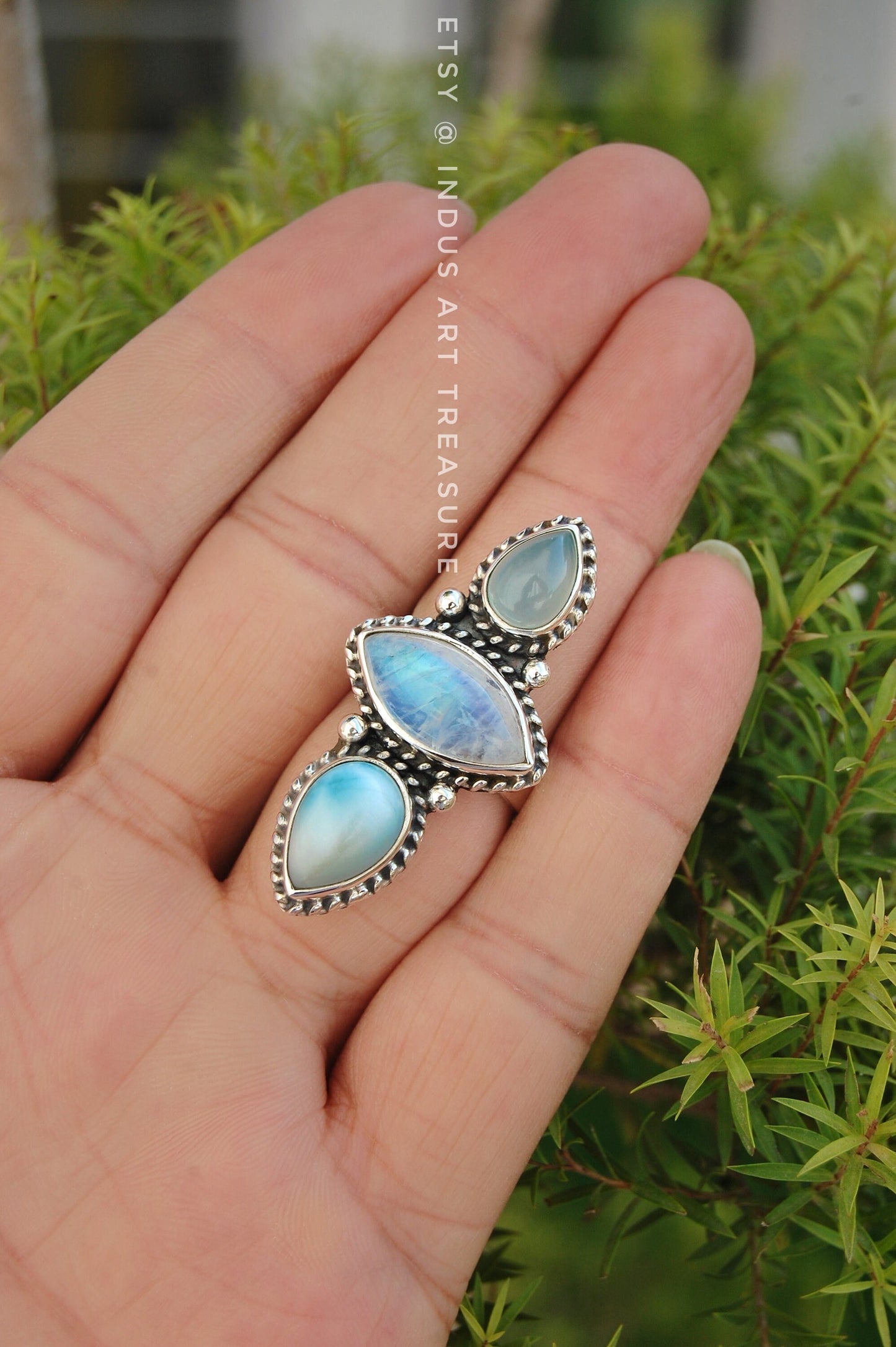 Rainbow Moonstone- Larimar Three Stone Ring