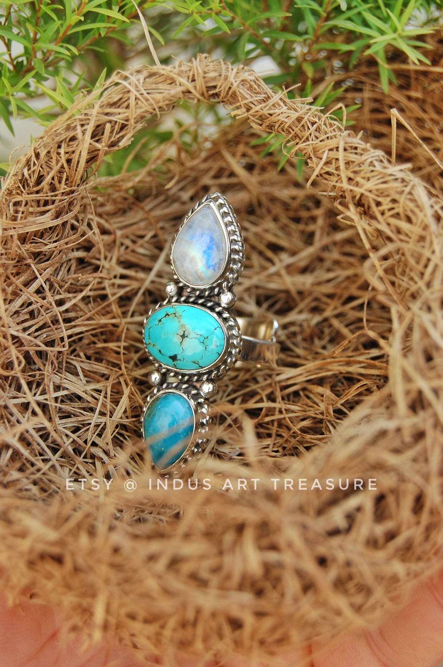 Rainbow Moonstone- Larimar Statement Ring