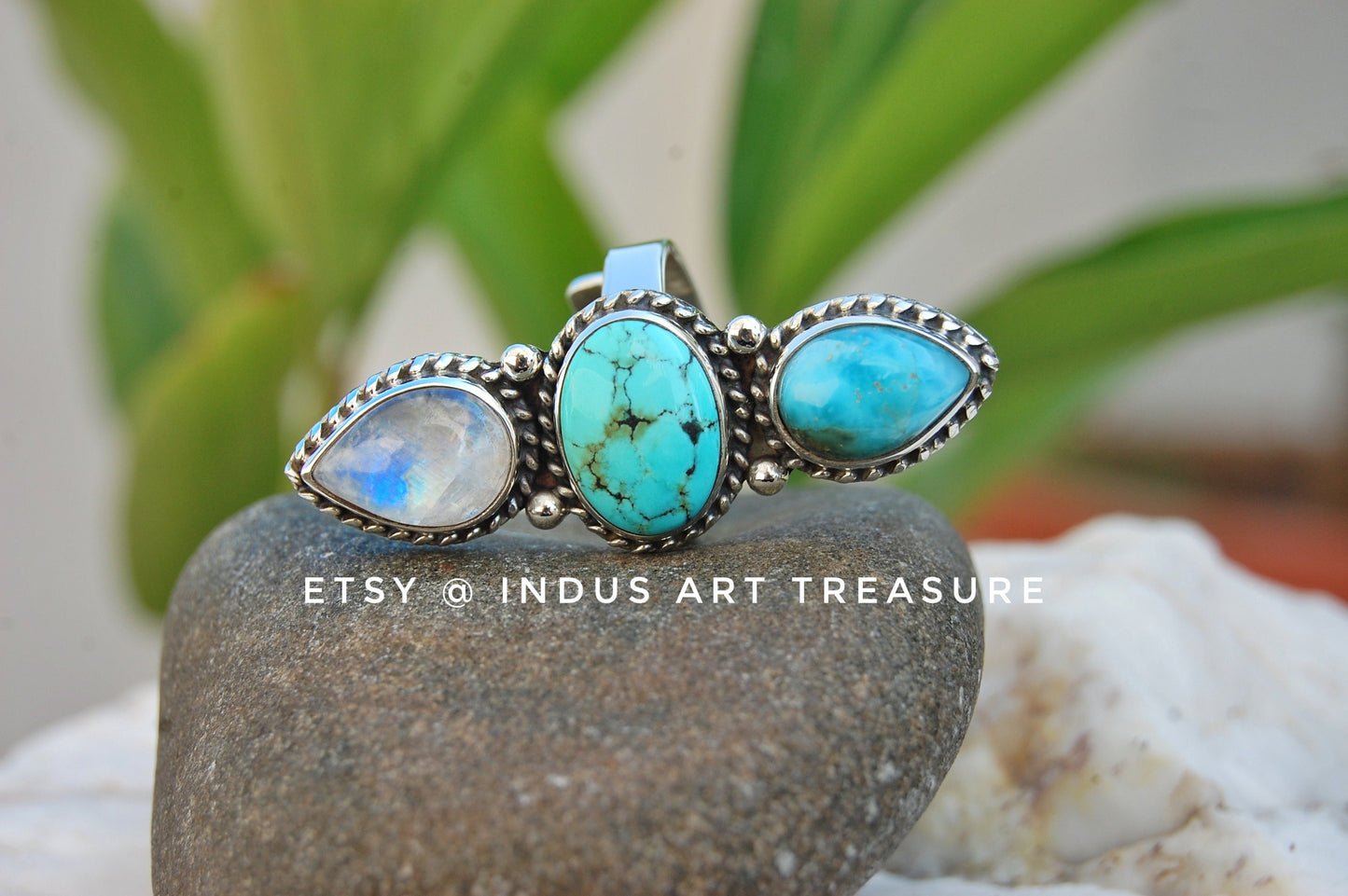 Rainbow Moonstone- Larimar Statement Ring