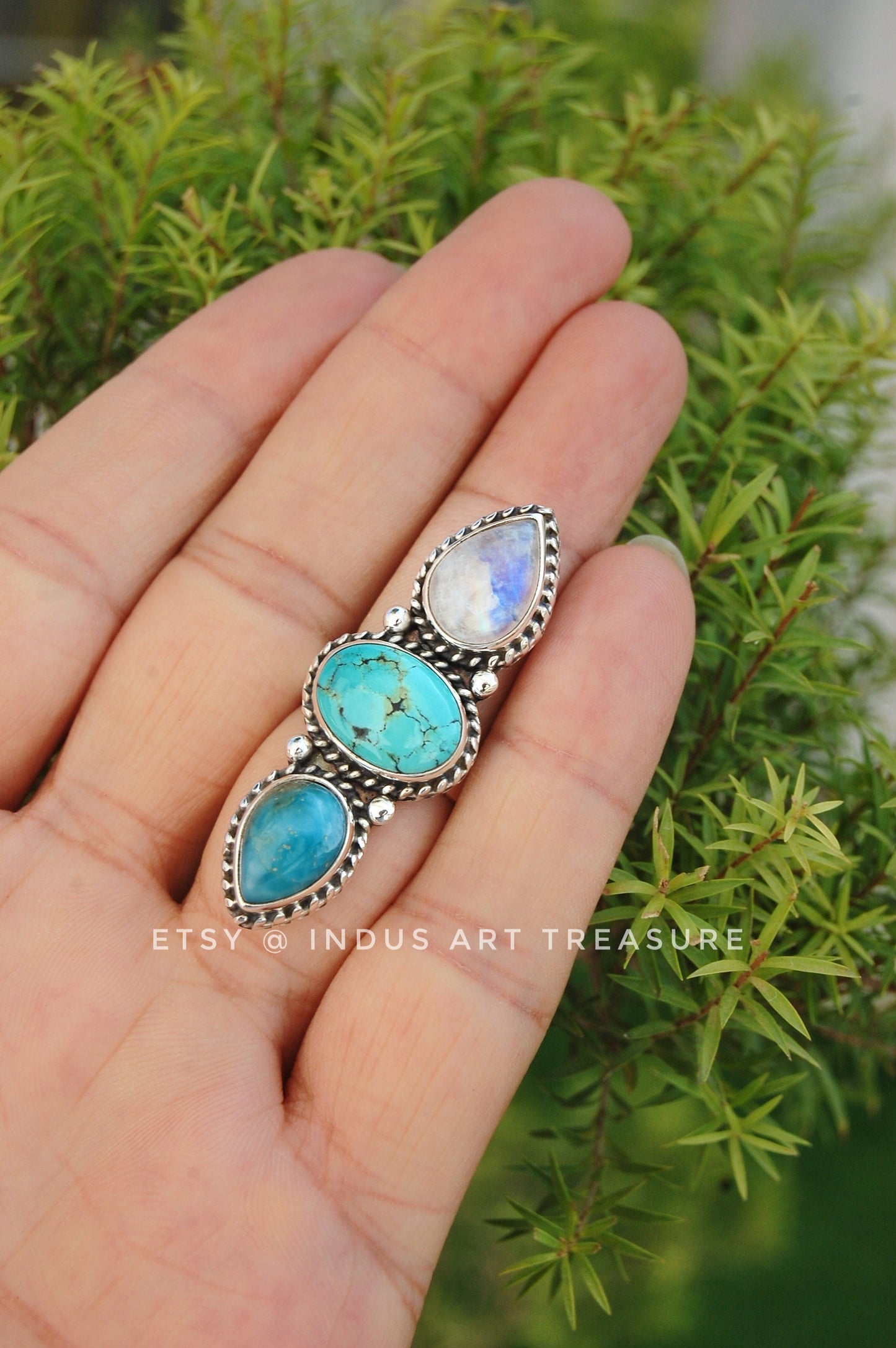Rainbow Moonstone- Larimar Statement Ring