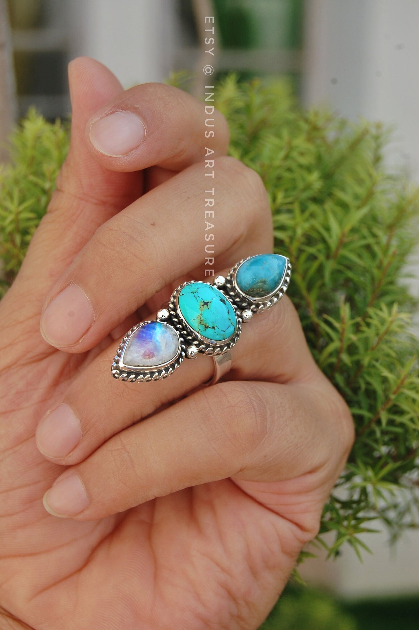 Rainbow Moonstone- Larimar Statement Ring