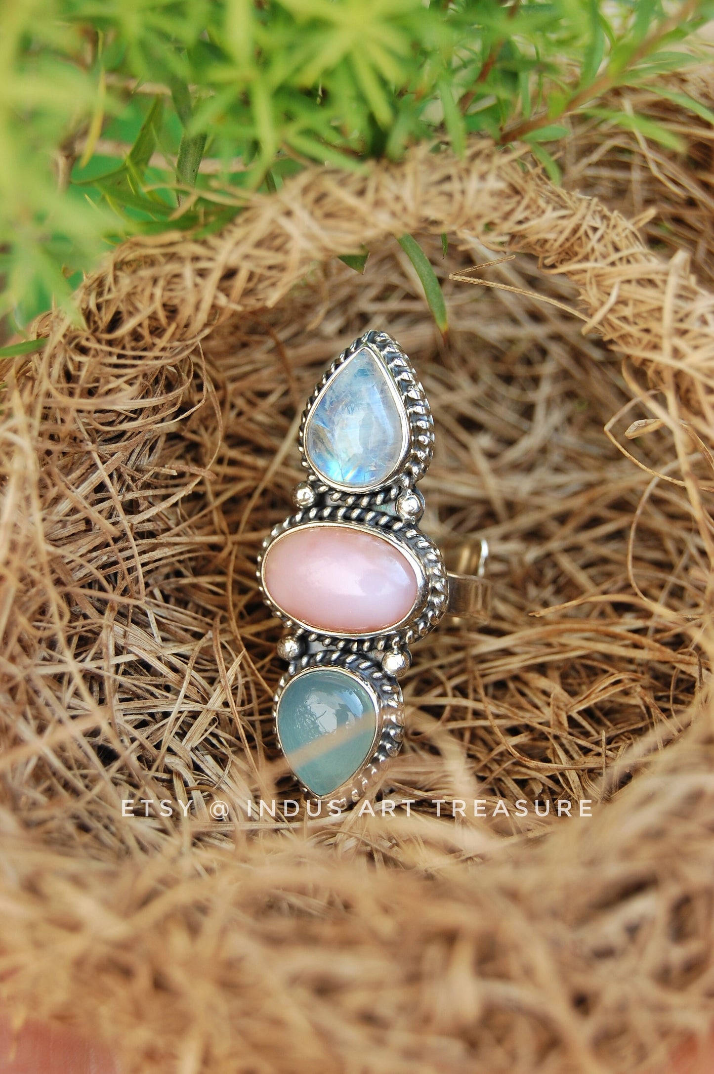 Rainbow Moonstone- Larimar Three Stone Ring