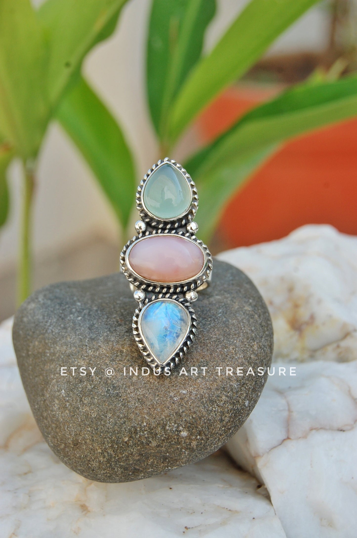 Rainbow Moonstone- Larimar Three Stone Ring