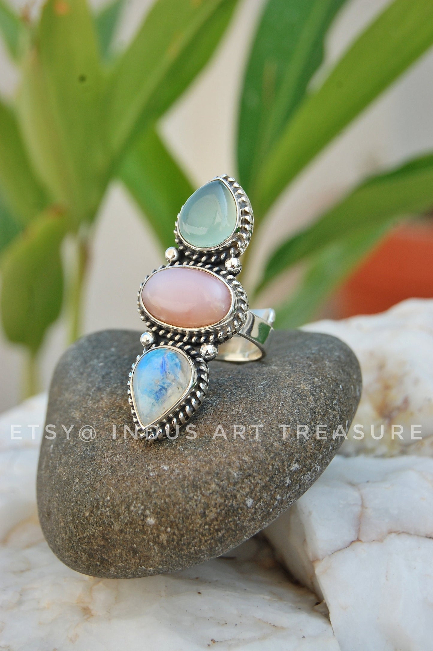 Rainbow Moonstone- Larimar Three Stone Ring