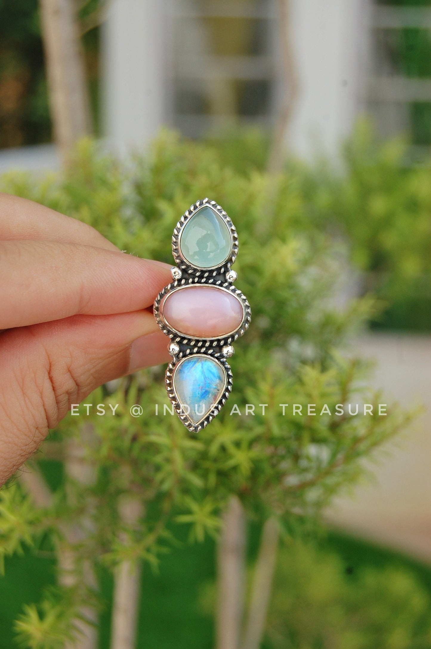Rainbow Moonstone- Larimar Three Stone Ring