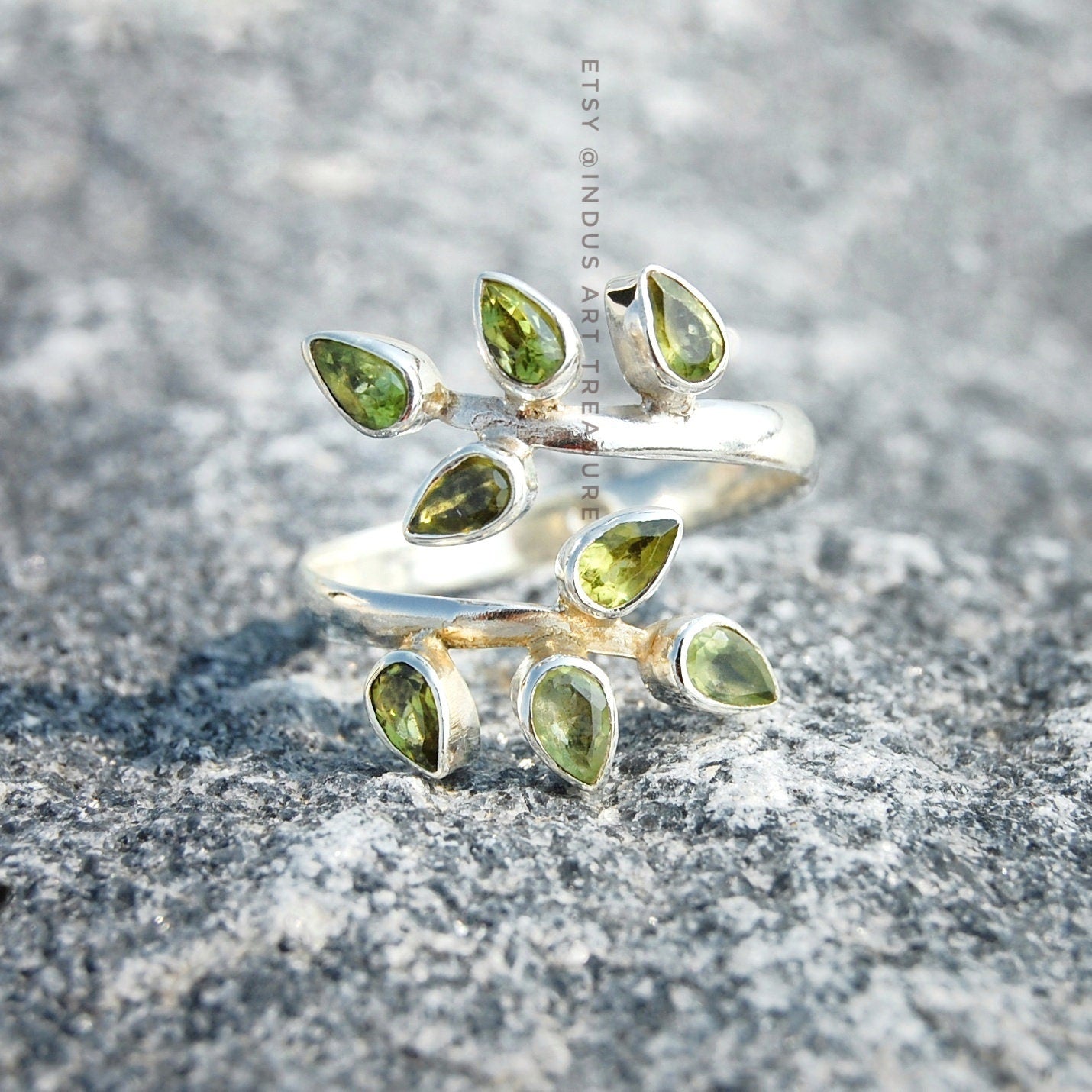 Olive Green Peridot Leaf Branch Ring