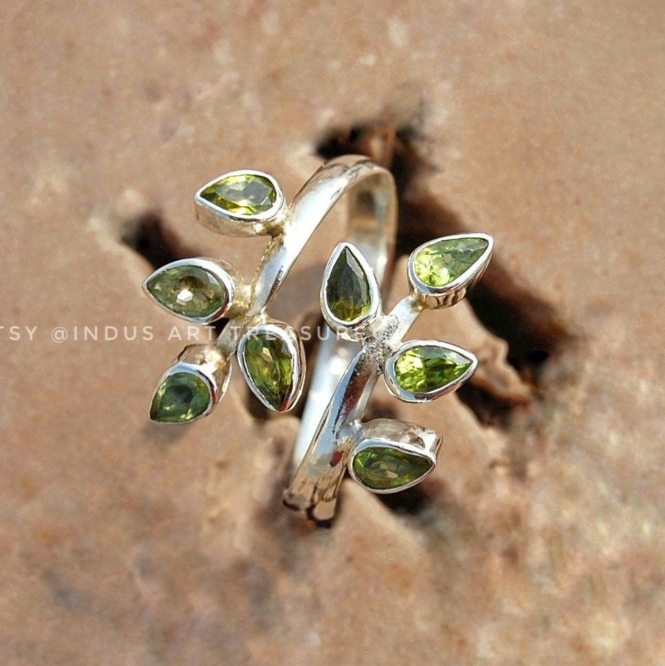 Olive Green Peridot Leaf Branch Ring