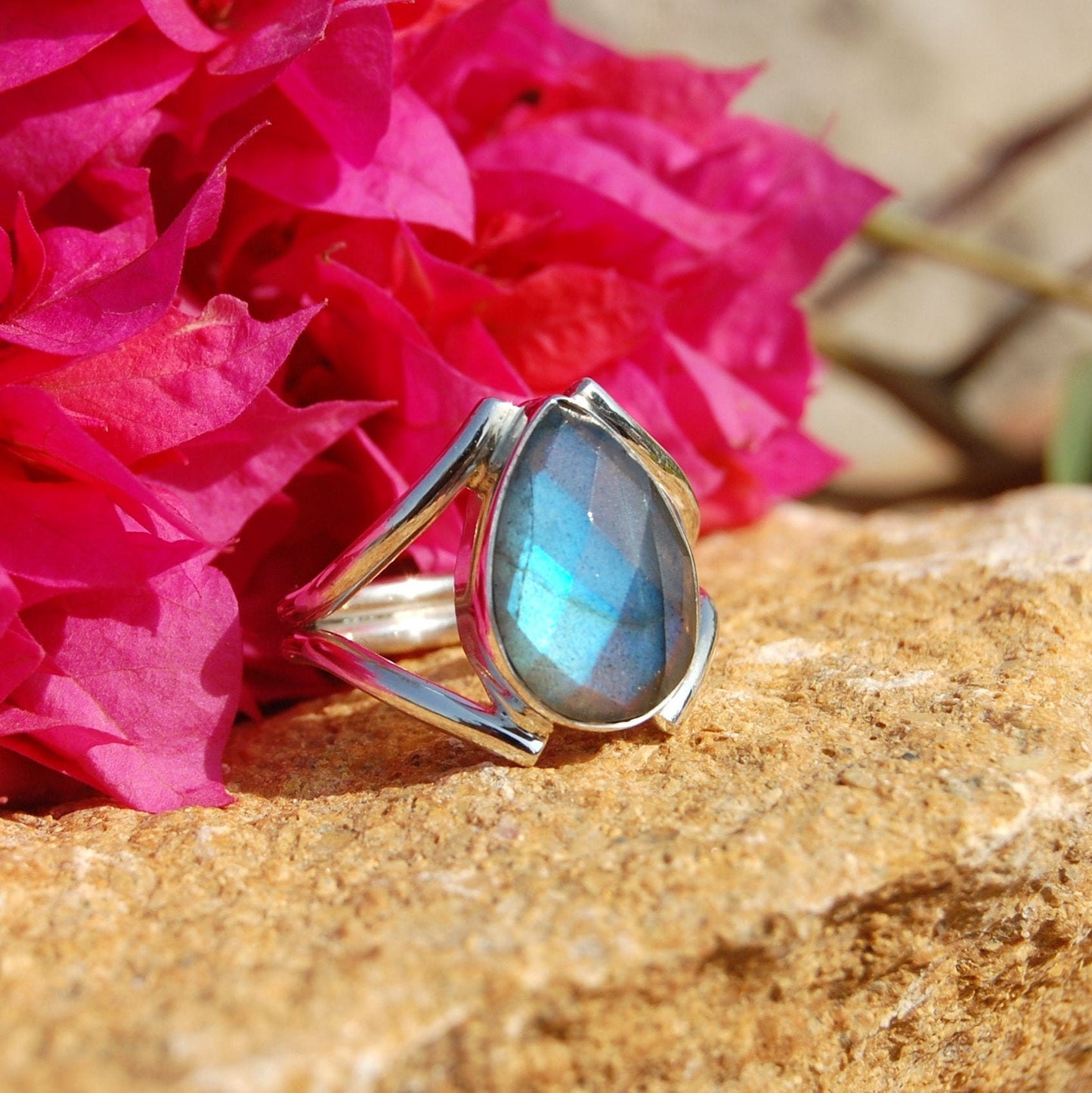 Blue Labradorite Pear Cut Ring