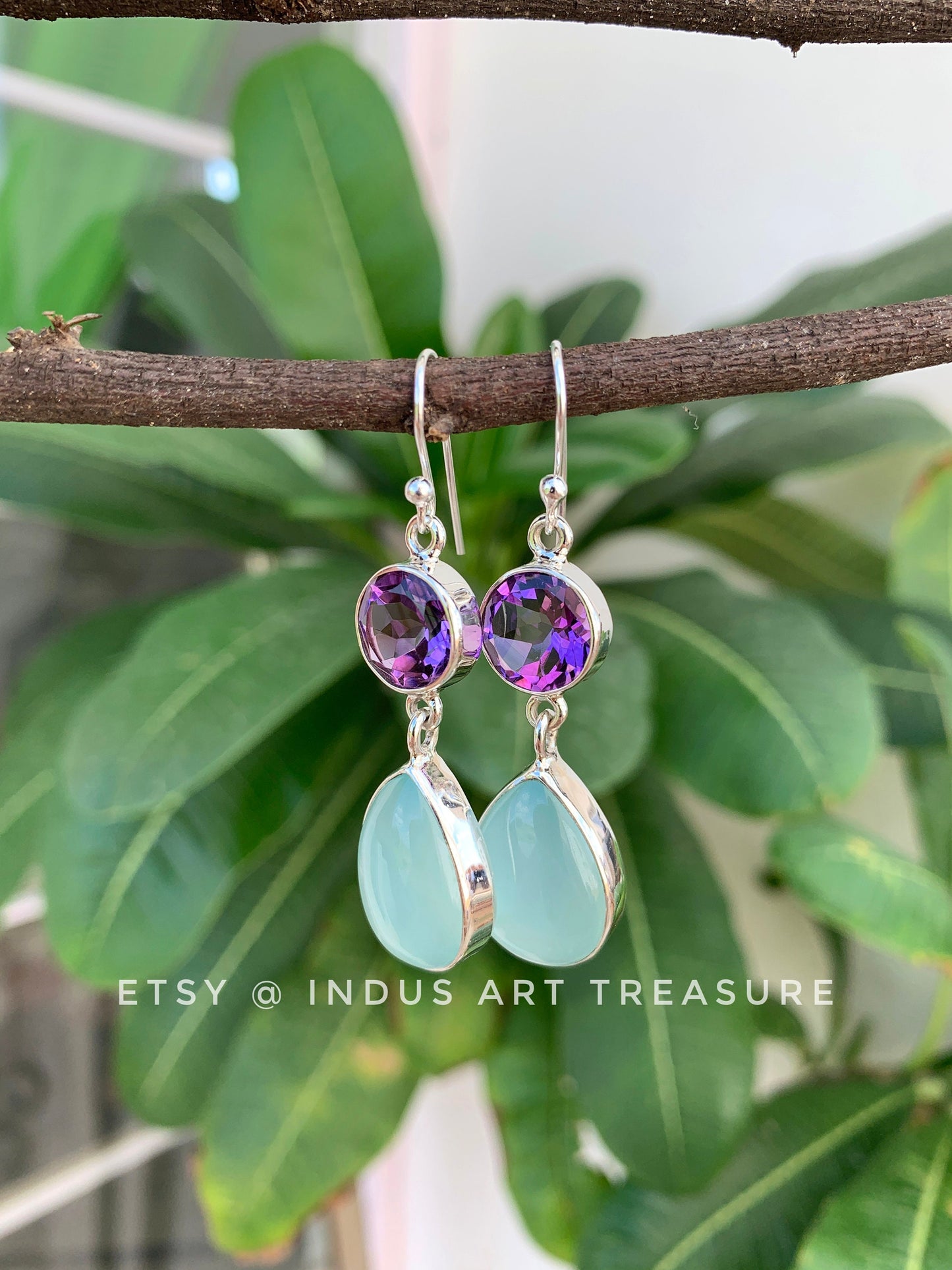 Amethyst -Aqua Chalcedony Dangle Earrings