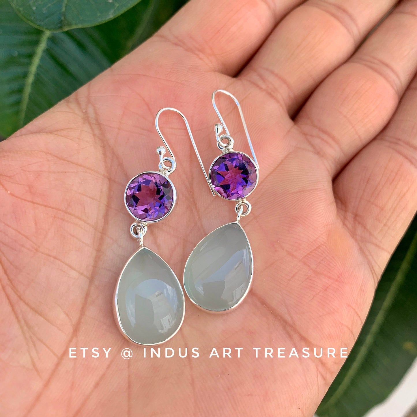 Amethyst -Aqua Chalcedony Dangle Earrings