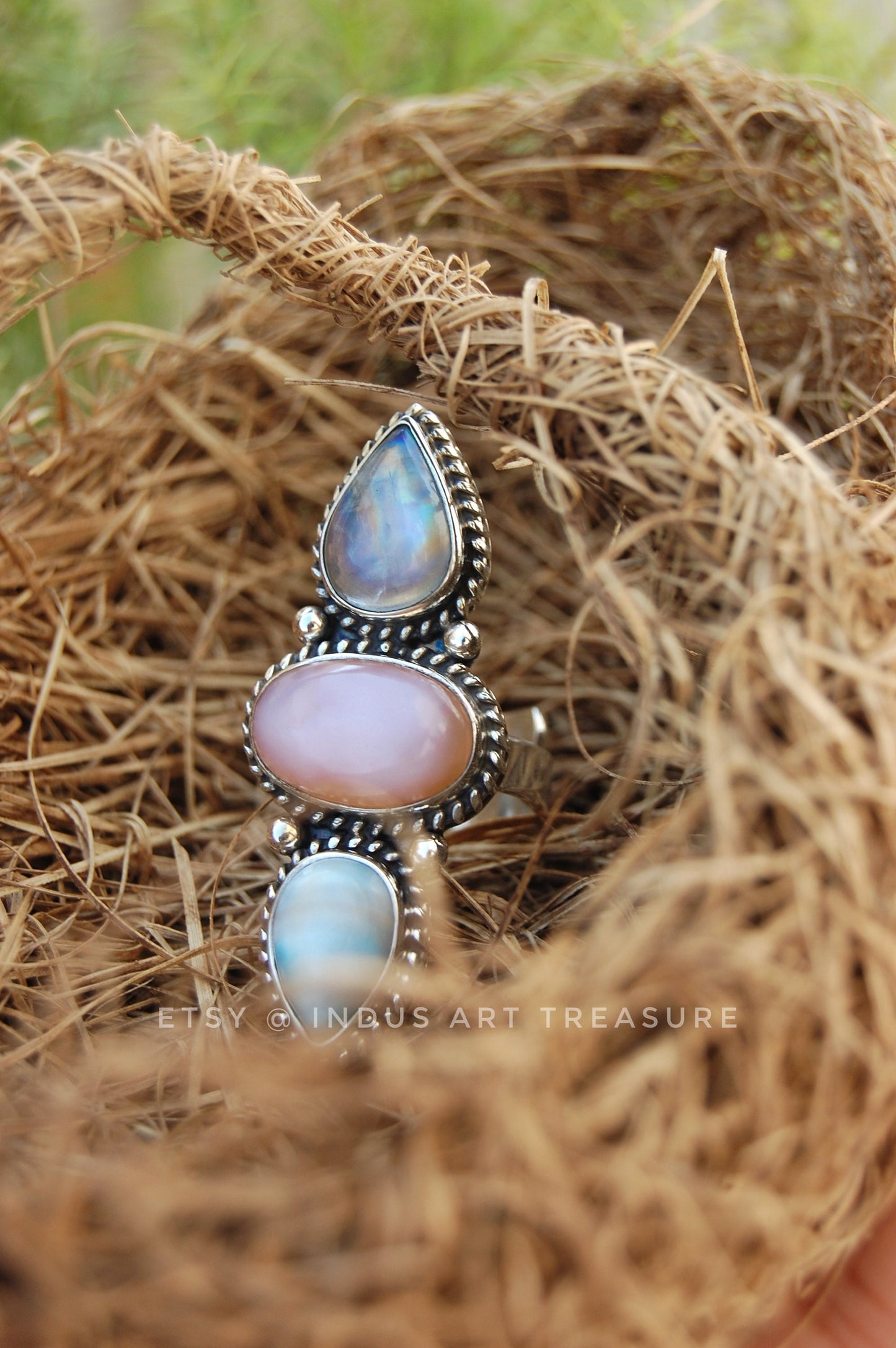 Rainbow Moonstone- Larimar Three Stone Ring