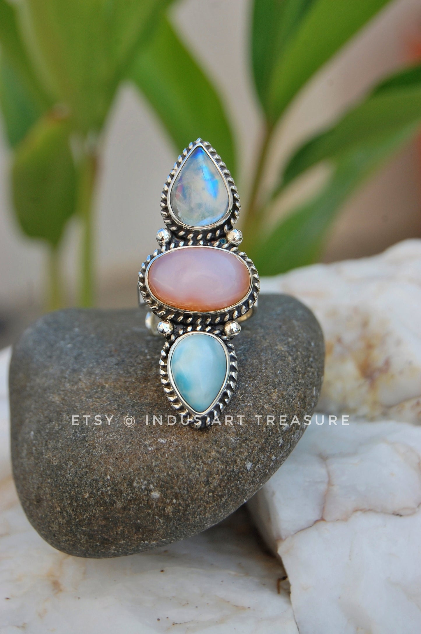 Rainbow Moonstone- Larimar Three Stone Ring