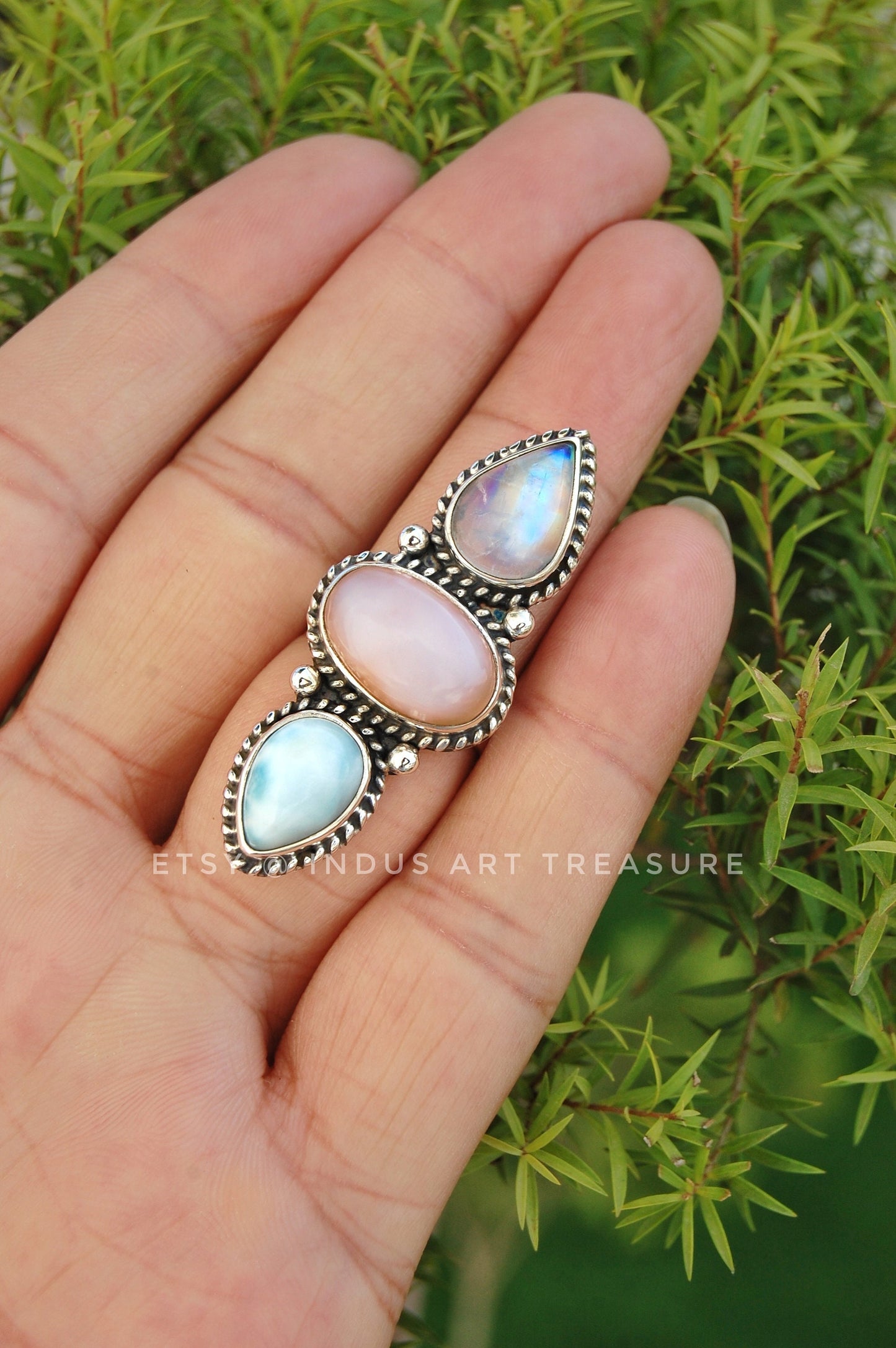 Rainbow Moonstone- Larimar Three Stone Ring