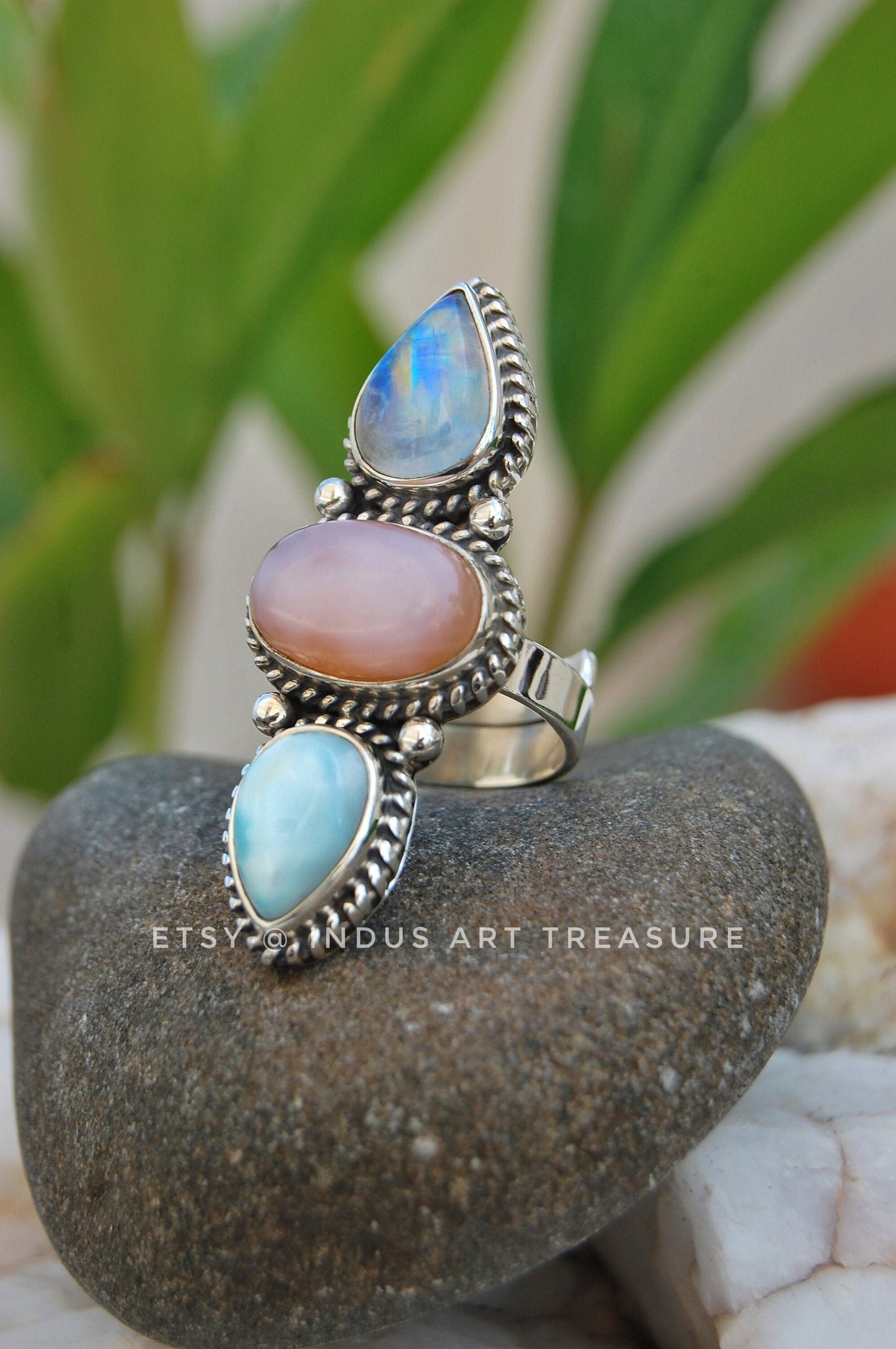 Rainbow Moonstone- Larimar Three Stone Ring