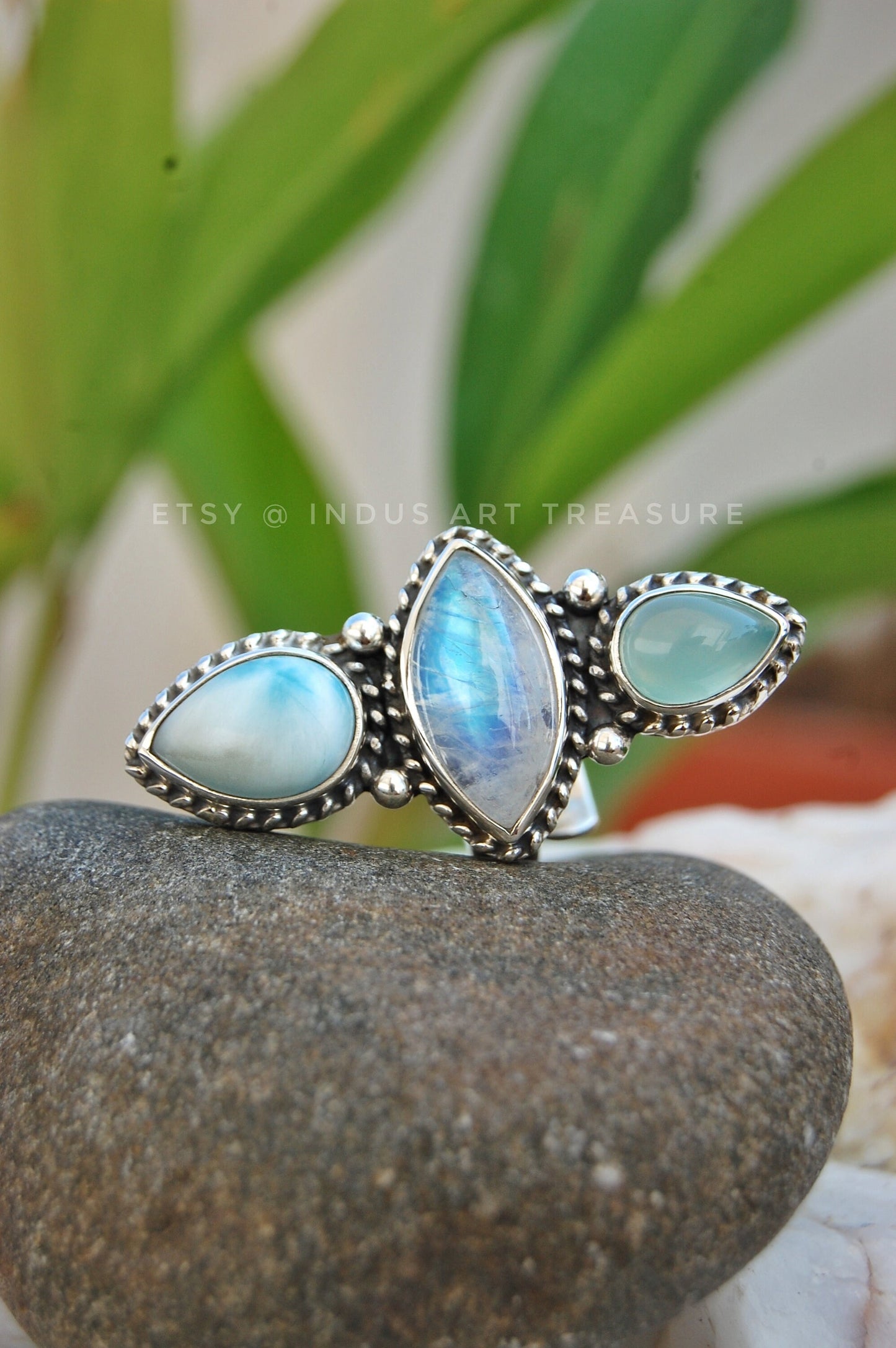 Rainbow Moonstone- Larimar Three Stone Ring